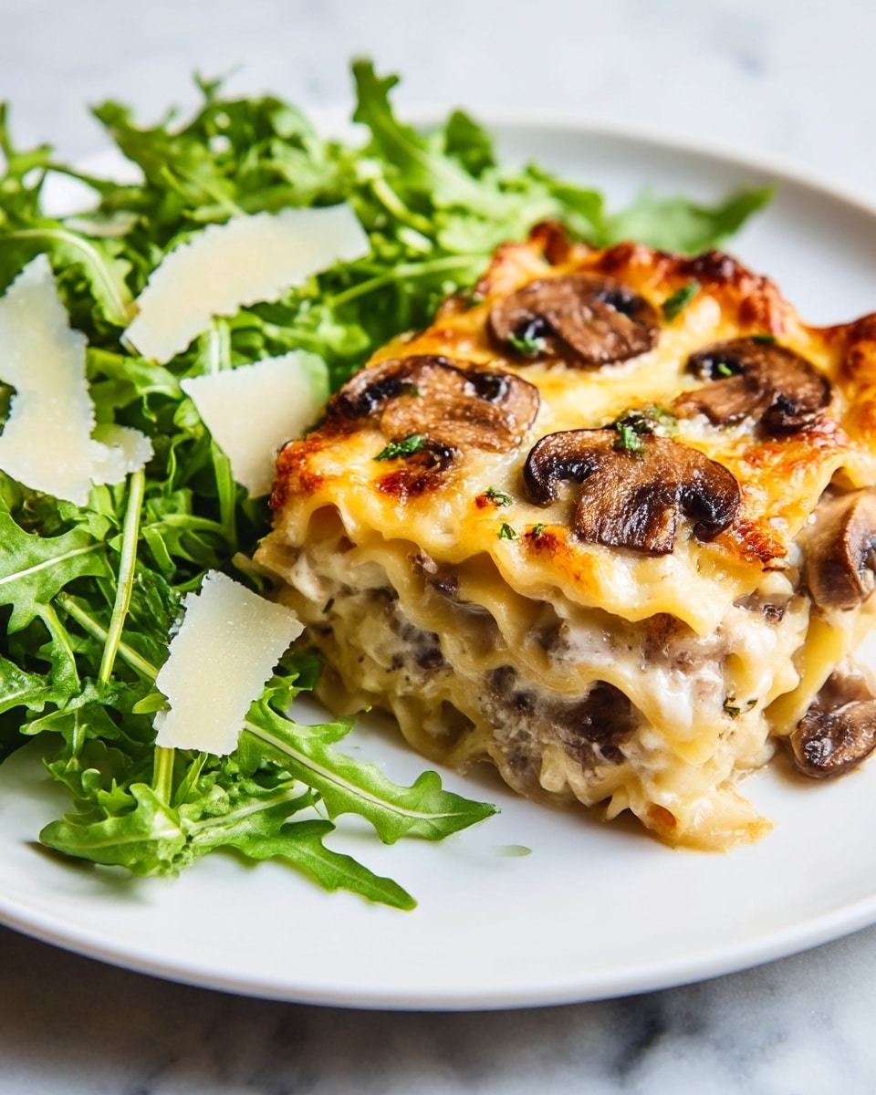 A white plate holds a thick slice of mushroom lasagna with three visible layers; the bottom layer is light beige pasta, the middle layer is filled with creamy white sauce and slices of cooked brown mushrooms, and the top layer is golden-brown melted cheese with scattered sliced mushrooms and a slightly crispy texture on top. Next to the lasagna is a fresh green arugula salad with large, thin, off-white cheese shavings. The plate sits on a white marbled surface. photo taken with an iphone --ar 4:5 --v 7