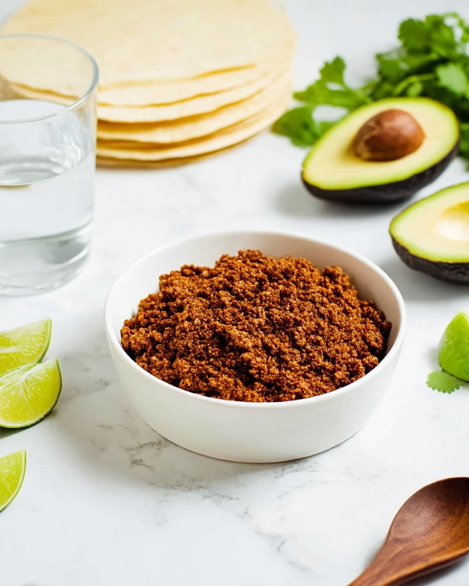 A white bowl filled with a rich, finely crumbled brown mixture of cooked lentils and spices sits in the center on a white marbled texture. Behind the bowl, there is a stack of pale yellow corn tortillas. To the right, two halves of a ripe avocado with dark green skin and bright green flesh are placed near some fresh green cilantro leaves. In the foreground, there are bright green lime wedges scattered around. A clear glass of water is partially visible on the left and a wooden spoon with a smooth, dark brown texture is on the right. The photo taken with an iphone --ar 4:5 --v 7