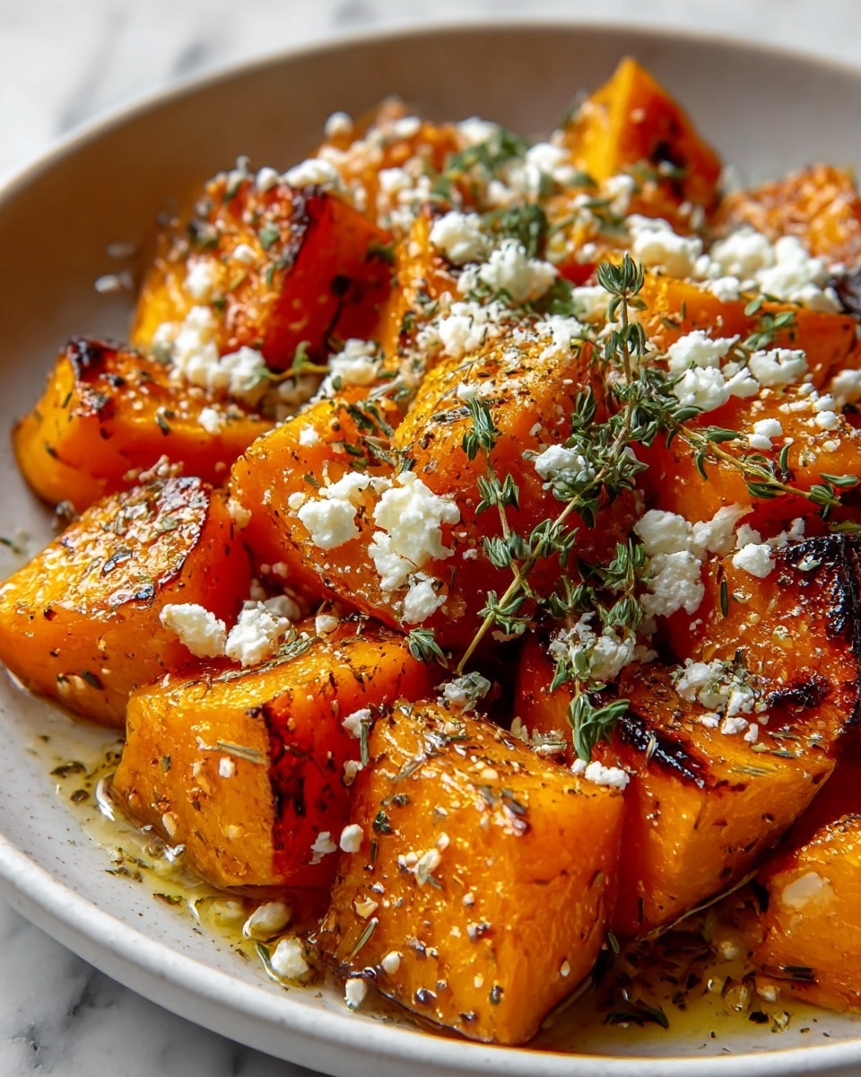 The image shows a close-up of roasted butternut squash cut into large, thick chunks with a glowing orange color and slight char marks. The squash pieces are arranged in a deep white bowl, with a sprinkle of white crumbled cheese scattered unevenly on top. Fresh green thyme sprigs and dried herbs are spread over the squash, adding texture and color contrast. A layer of oil or glaze lightly coats the bottom of the bowl, giving the squash a shiny, moist look. The entire dish sits on a white marbled surface, enhancing the warm tones of the food. photo taken with an iphone --ar 4:5 --v 7