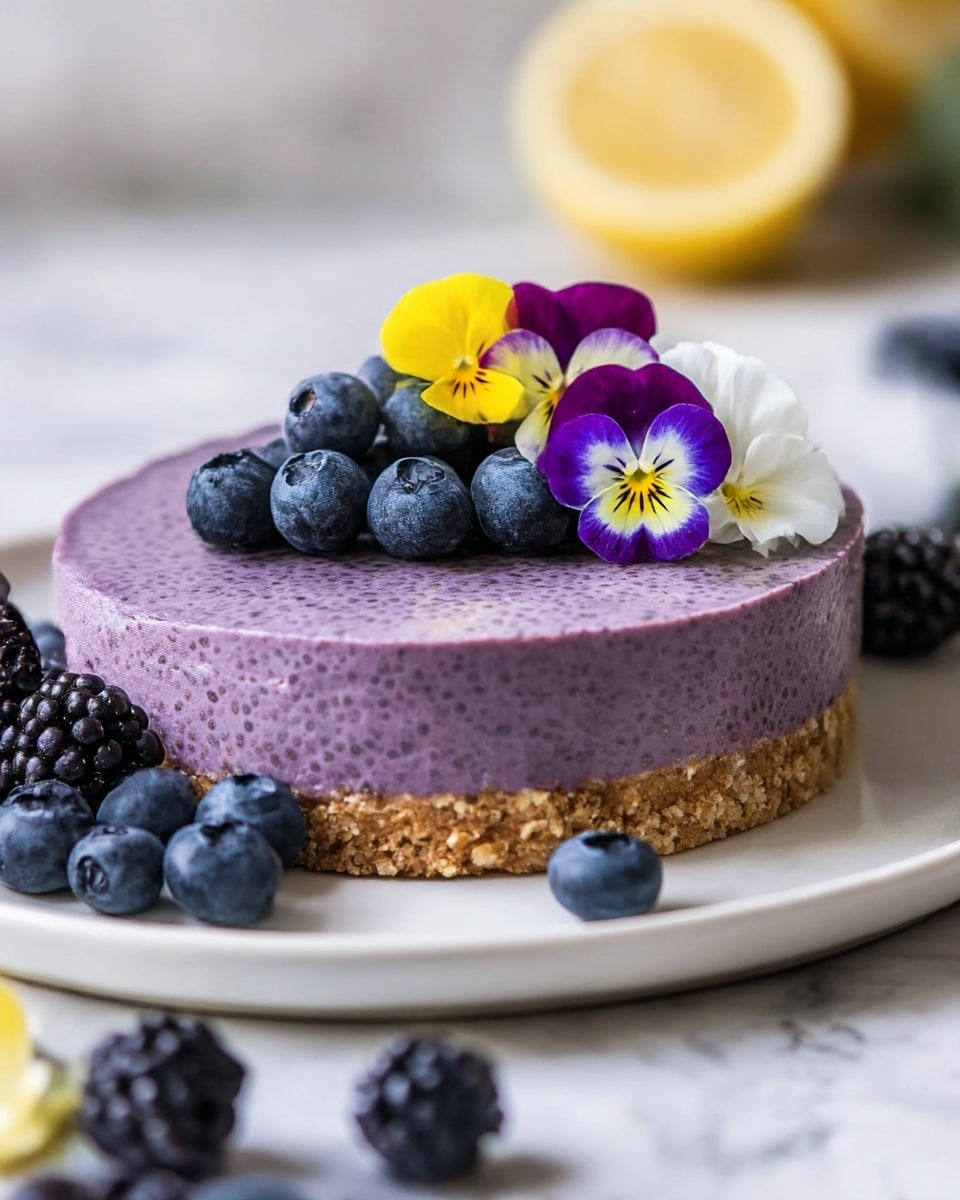 The image shows a round dessert with two layers, placed on a white plate over a white marbled texture. The bottom layer is a crumbly, golden brown crust, and the top layer is a smooth, thick purple filling with a chia seed texture. On top of the dessert, there is a small pile of fresh blueberries, blackberries, and three delicate edible flowers in purple, yellow, and white colors. Around the plate, several loose blueberries and blackberries are scattered along with a slice of lemon partially visible in the background. photo taken with an iphone --ar 4:5 --v 7