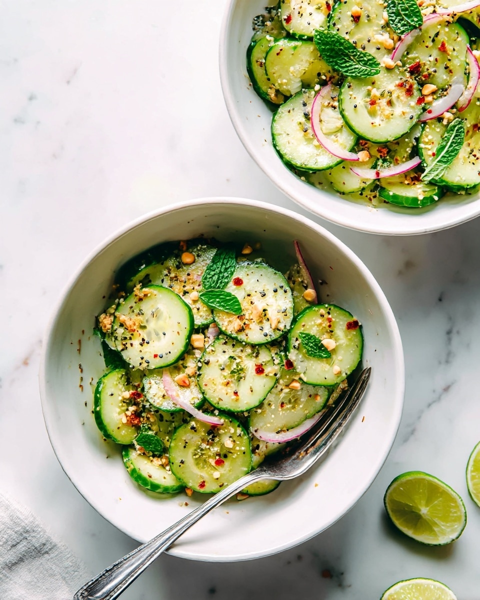 Two white bowls filled with a cucumber salad sit on a white marbled surface. Each bowl holds about two layers of round cucumber slices that are light green with darker green edges. Scattered over the cucumber are thin pink slices of red onion and small green mint leaves, adding color contrast. There are also tiny black sesame seeds and crushed peanuts sprinkled on top, along with small bits of green herbs and red chili flakes. A silver fork rests inside the lower bowl, and there are two lime wedges on the marbled surface near the bowls. photo taken with an iphone --ar 4:5 --v 7