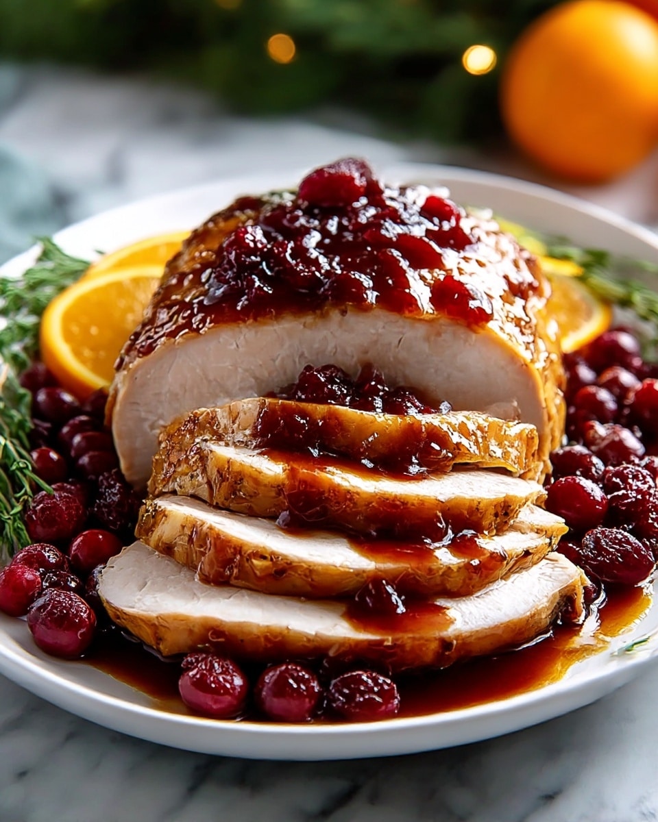 A white plate holds a sliced roast with five thick pieces showing moist, light beige inside and golden-brown glazed outside. The roast is covered with shiny, dark red sauce and scattered berries all around, creating a vivid contrast. Bright orange slices peek from the back edge of the plate, adding color. Green plant sprigs lie on top of the roast, giving a fresh touch. The plate is set on a white marbled surface with soft, blurred greenery and orange fruit in the background. Photo taken with an iphone --ar 4:5 --v 7