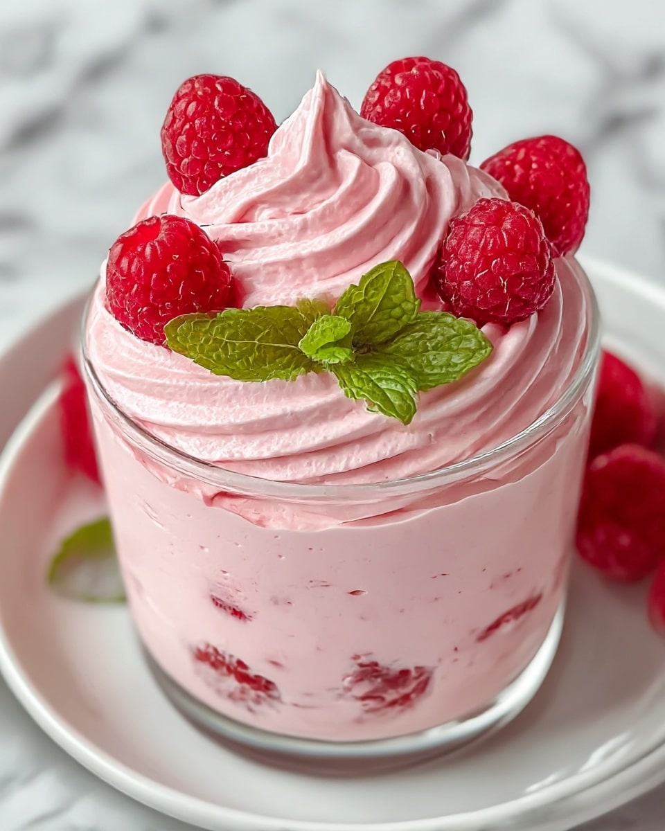 The image shows a dessert in a clear glass cup with two main layers. The bottom layer is a smooth, light pink mousse with visible raspberries pressed against the glass. On top of this is a thick, swirled layer of fluffy pink whipped cream with a soft texture. The whipped cream is decorated with seven bright red raspberries and a small green mint leaf cluster in the center. The cup sits on a white plate on a white marbled surface. Photo taken with an iphone --ar 4:5 --v 7