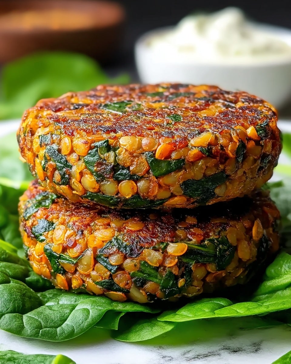 Two thick lentil patties stacked on each other sit on a bed of fresh dark green spinach leaves, the patties showing orange lentils mixed with bright green chopped spinach throughout with a golden-brown crispy outside. The texture looks crunchy on the edges while remaining dense and packed with visible lentils and greens. The background features a white marbled texture with a blurred white sauce bowl in the distance. photo taken with an iphone --ar 4:5 --v 7