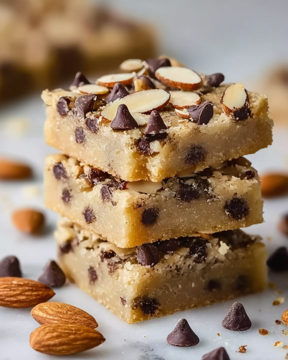 The image shows a close-up of a stack of four square blondie bars on a white marbled surface. Each bar has a dense, light golden base filled with scattered small dark chocolate chips throughout. The top layer is decorated with sliced almonds and more chocolate chips, adding texture and contrast. Around the stack, there are whole almonds and a few chocolate chips placed randomly. The overall look is rich and inviting, with the light blondie’s soft crumb contrasting with the crunch of the nuts and the smoothness of the chocolate pieces. photo taken with an iphone --ar 4:5 --v 7