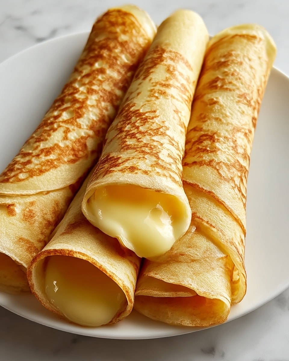 The image shows three thin crepes rolled up and placed closely together on a white plate. Each crepe has a golden-brown pattern on its surface, with smooth, creamy yellow filling oozing slightly from the open ends. The crepe texture is light and soft, with the filling looking thick and glossy. The plate sits on a white marbled surface, creating a clean and bright background. photo taken with an iphone --ar 4:5 --v 7
