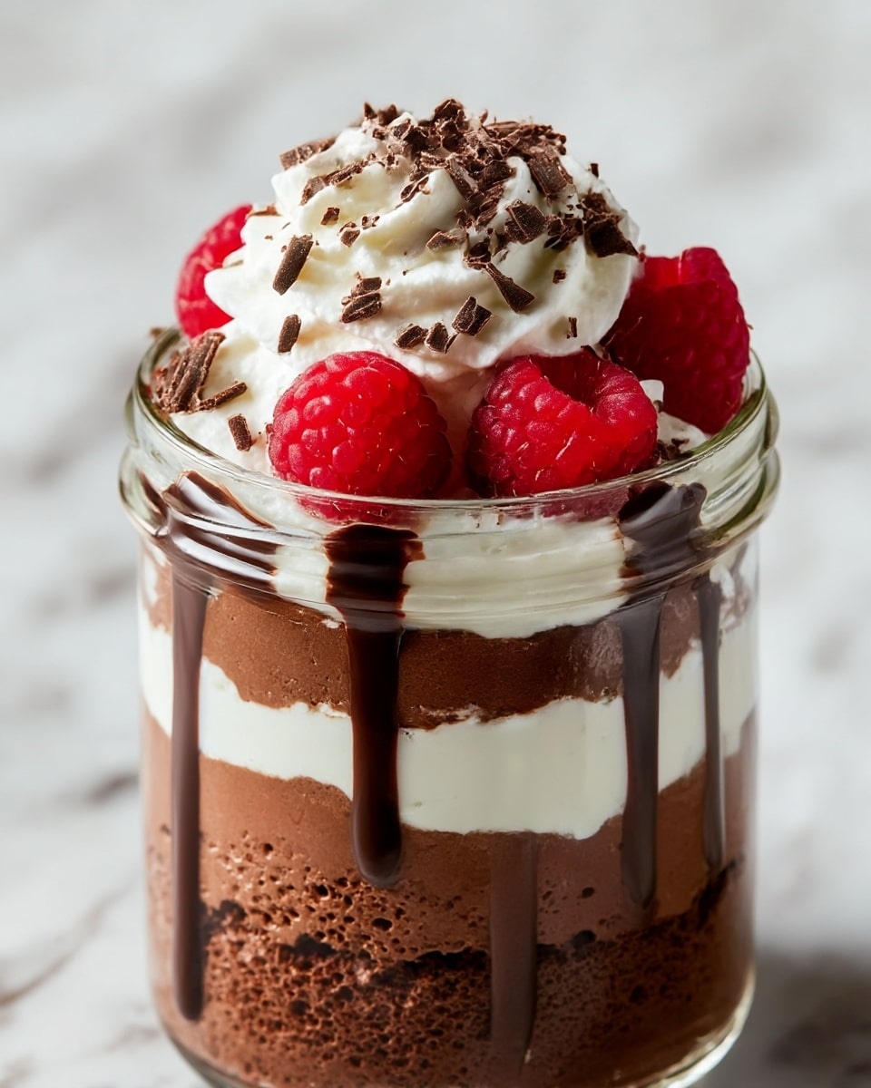 A clear glass jar filled with layered dessert starting at the bottom with a dark brown, airy chocolate mousse, followed by a thick, white creamy layer in the middle, then another layer of chocolate mousse above it. On top of the mousse, there is a shiny, dark chocolate drizzle that flows slightly down the sides inside the jar. The dessert is finished with a generous swirl of white whipped cream on top, sprinkled with small chocolate shavings. Three bright red raspberries are placed carefully on the whipped cream and around the top edge of the jar. The jar is set against a white marbled textured surface. photo taken with an iphone --ar 4:5 --v 7