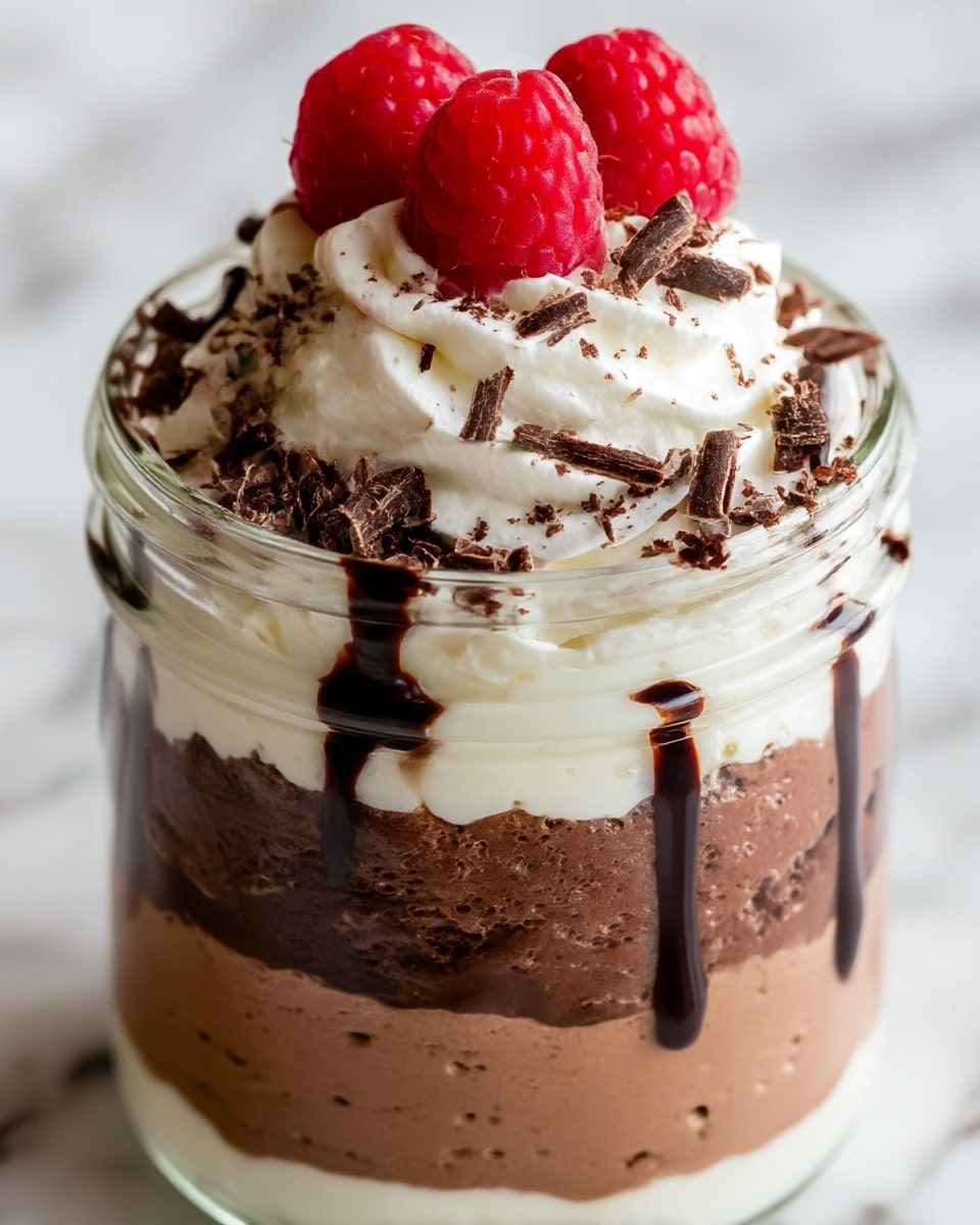 This dessert in a clear glass jar has four main layers with toppings on top. The bottom layer is thick, light brown chocolate mousse with a smooth and slightly airy texture. Above it is a creamy white layer, soft and dense. Next, there is a darker brown chocolate mousse layer with a similar texture to the bottom. On top of this mousse layer, dark chocolate syrup is drizzled unevenly, creating shiny, dark streaks. The top layer is a large swirl of white whipped cream, decorated with three bright red raspberries placed evenly around the edges. Small chocolate curls and cocoa powder are sprinkled on the whipped cream, adding texture and detail. The background is a white marbled texture. Photo taken with an iphone --ar 4:5 --v 7