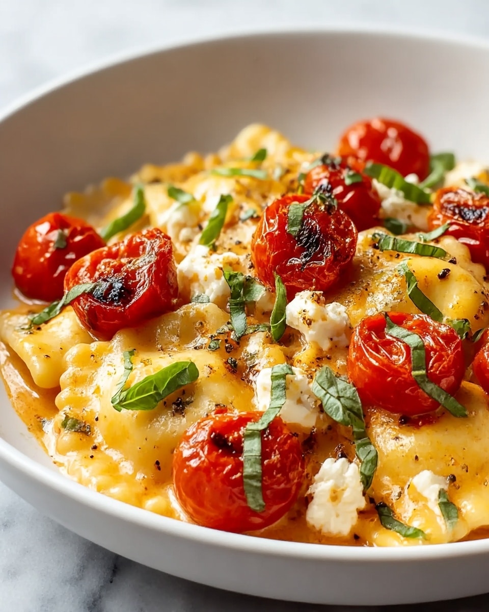 A close-up view of a white bowl filled with soft, yellowish ravioli pasta covered in a light orange sauce, topped with roasted bright red cherry tomatoes that have slightly charred spots. Scattered over the dish are small white cheese crumbles and thin strips of fresh green basil leaves, giving a fresh contrast to the warm colors. The textures show smooth pasta, juicy tomatoes, and a creamy sauce underneath, all sitting on a white marbled surface. photo taken with an iphone --ar 4:5 --v 7