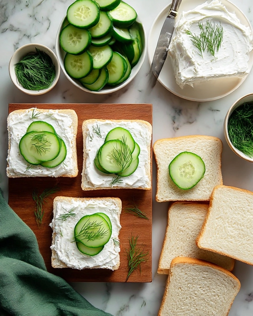 The image shows four open cucumber sandwiches on white bread, each with three layers: a base of white bread, a thick spread of white cream cheese with a smooth texture, and thin, circular slices of fresh green cucumber arranged evenly on top, garnished with small sprigs of dill. To the right of the sandwiches, three plain slices of white bread are stacked. Above the wooden board, there is a white plate filled with neatly stacked cucumber slices, a white bowl with a silver knife resting on a thick layer of cream cheese, and two small bowls filled with fresh dill. The whole setup sits on a white marbled surface with a green cloth partially visible on the bottom left. photo taken with an iphone --ar 4:5 --v 7