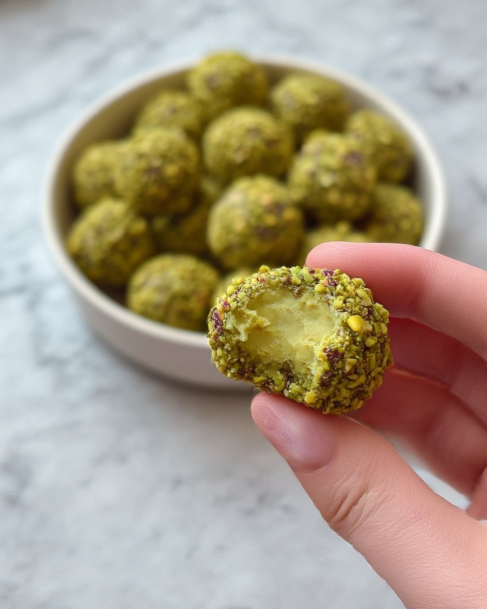 A close-up of a woman's hand holding a bitten ball-shaped snack coated with crushed green pistachios showing a smooth, creamy inside layer that is pale yellow-green. In the background, there is a round white bowl filled with many similar pistachio-coated balls, placed on a surface with a white marbled texture. The scene is bright and clear, focusing on the texture and color contrast between the rough pistachio coating and the soft inside. photo taken with an iphone --ar 4:5 --v 7