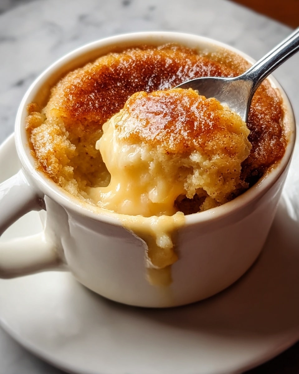 The image shows a light brown baked dessert with a slightly crispy and golden top layer, placed inside a white ceramic cup with a handle. The dessert appears moist and soft inside where a spoon is scooping a portion from the cup, revealing a creamy, slightly melted center with a glossy texture. The cup sits on a white saucer, all set on a white marbled textured surface. photo taken with an iphone --ar 4:5 --v 7
