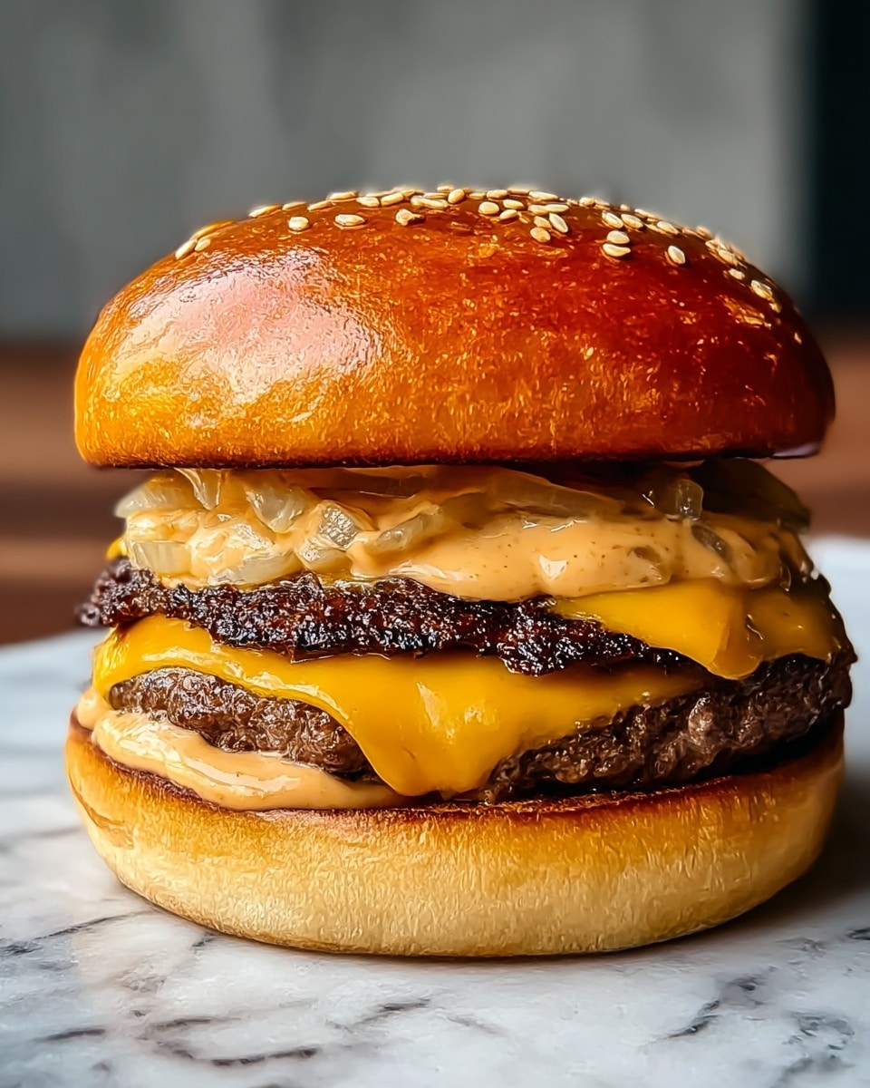 A close-up view of a cheeseburger showing four distinct layers. The bottom layer is a toasted, light brown bun with a smooth texture. Above it lies a juicy, grilled beef patty with a dark brown seared surface, topped by a melted bright orange cheddar cheese slice that drapes over the edges. Next is a layer of cooked onions, soft and slightly translucent, covered generously by a creamy, orange-tinted sauce with a smooth texture. Finally, the top layer is a shiny, golden-brown sesame seed bun with a slightly glossy finish. The burger is placed directly on a surface with a white marbled texture. photo taken with an iphone --ar 4:5 --v 7