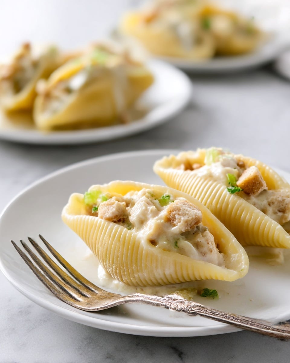 Three large pasta shells filled with a creamy mixture are placed on a white plate over a white marbled surface. The pasta shells are light yellow with visible ridges, each stuffed with small chunks of cooked bread, creamy sauce, and bits of green garnish. A silver fork rests on the left side of the plate. In the blurry background, there is another white plate with more stuffed pasta shells. The lighting is soft and natural, highlighting the textures of the creamy filling and bread pieces. photo taken with an iphone --ar 4:5 --v 7