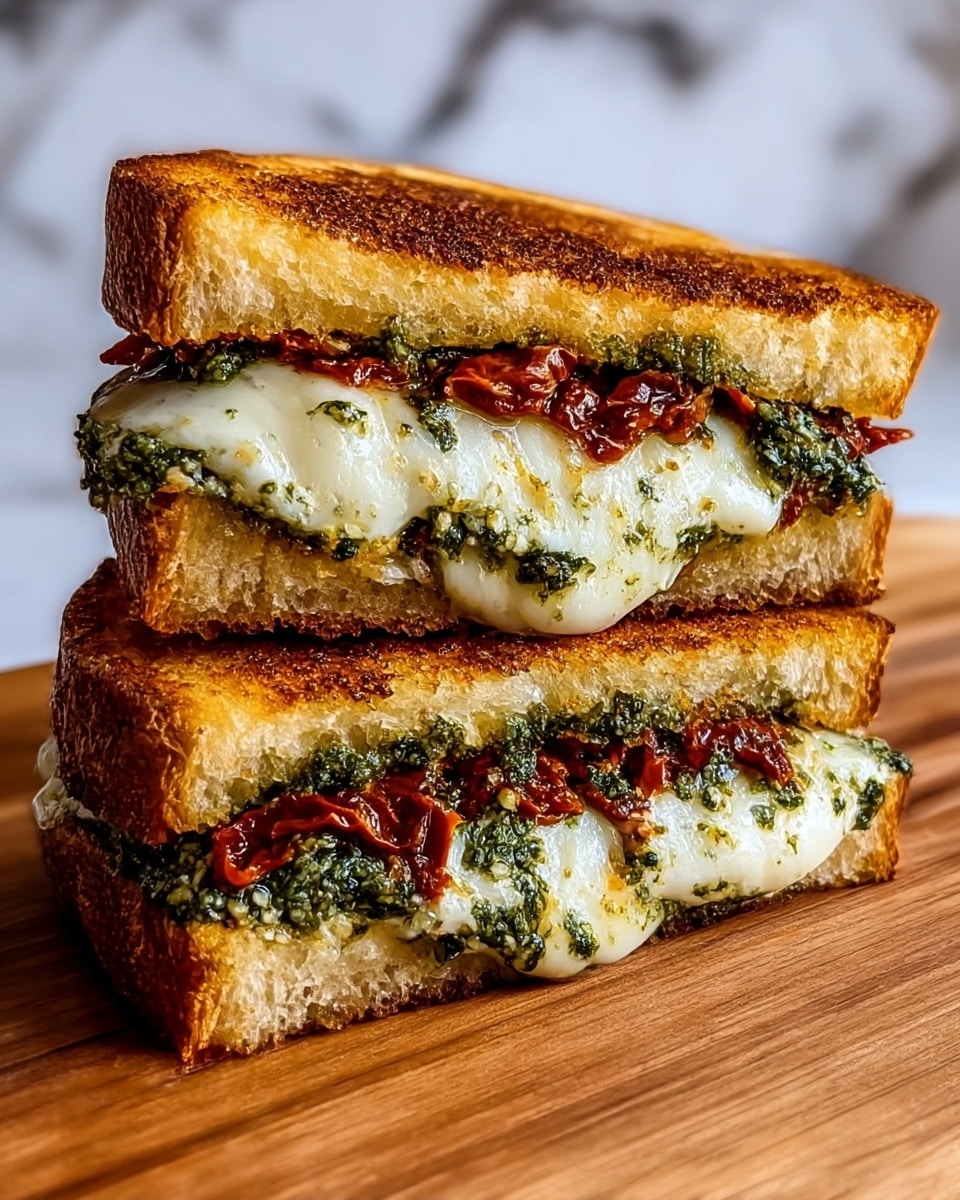 A close-up of a grilled cheese sandwich cut in half and stacked, showing three layers: the top and bottom slices are golden-brown toasted bread with a slightly crispy texture; inside, the middle layer has melted white cheese, soft and gooey, mixed with green pesto sauce that is slightly coarse, and pieces of sun-dried tomatoes in a deep red color, adding texture and brightness. The sandwich is placed on a wooden board with a warm tone, and the background is a white marbled texture. Photo taken with an iphone --ar 4:5 --v 7