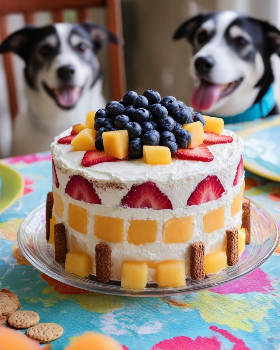 A two-layer round cake with white frosting sits on a clear plate. The bottom layer has a ring of light orange melon pieces and raspberries visible through the frosting. The top layer shows half slices of red strawberries pressed into the white frosting around the sides. On top of the cake, there is a pile of fresh blueberries in the center, with small wedges of yellow melon scattered around them. Around the base of the cake are small brown biscuit sticks and round biscuit pieces. The cake is on a table covered with a colorful cloth, and a black and white dog wearing a blue collar is looking at the cake with its tongue out. photo taken with an iphone --ar 4:5 --v 7