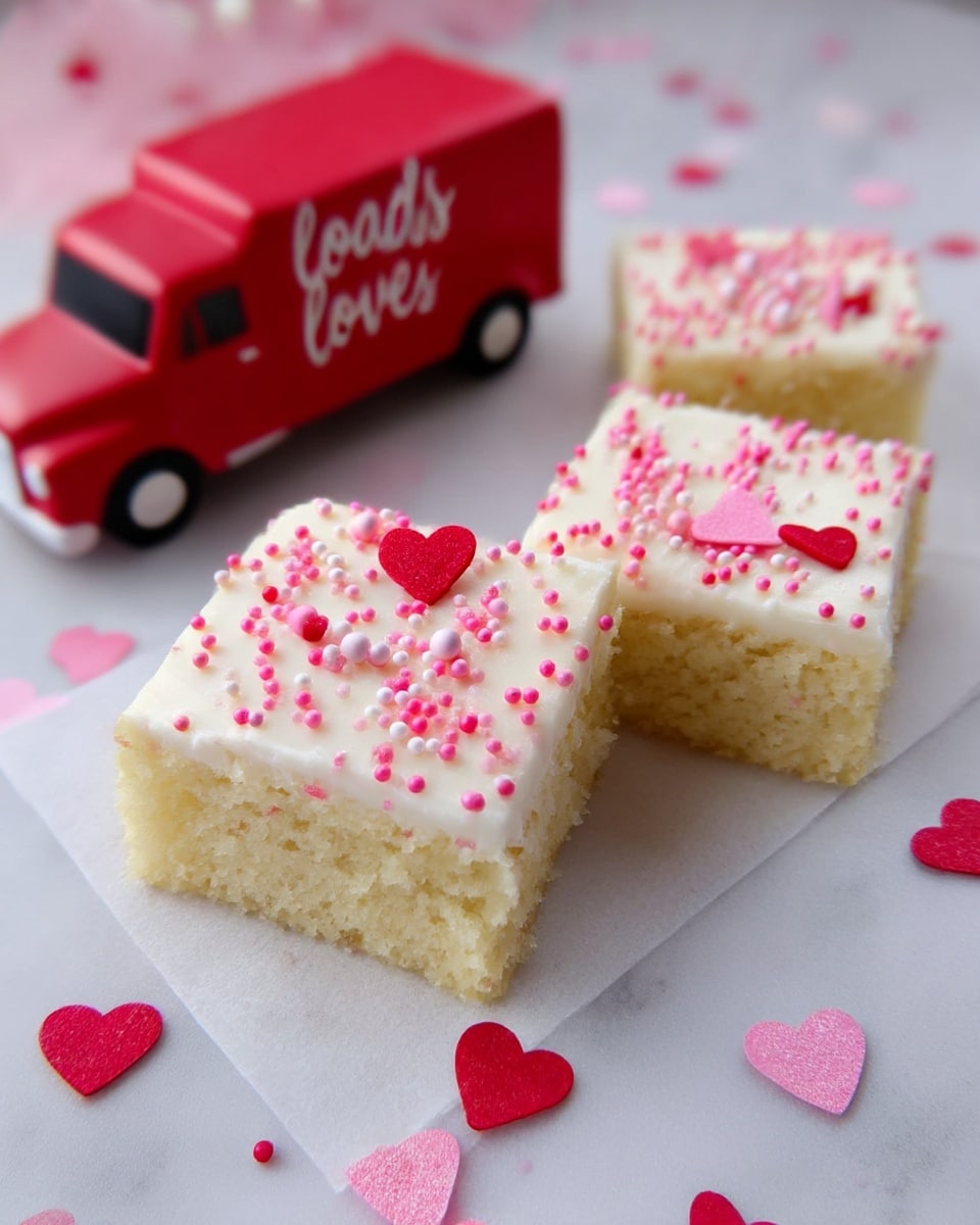 Three square pieces of a light yellow cake with a thick layer of white frosting on top are shown on a white marbled surface. The frosting is decorated with small round sprinkles in pink, red, and light pink, as well as a few heart-shaped sprinkles in red and pink. The cake has a soft and crumbly texture. In the background, there is a small red toy truck with pink hearts and the words “loads of love” written on its side. Scattered heart-shaped sprinkles are also visible around the cake pieces. photo taken with an iphone --ar 4:5 --v 7