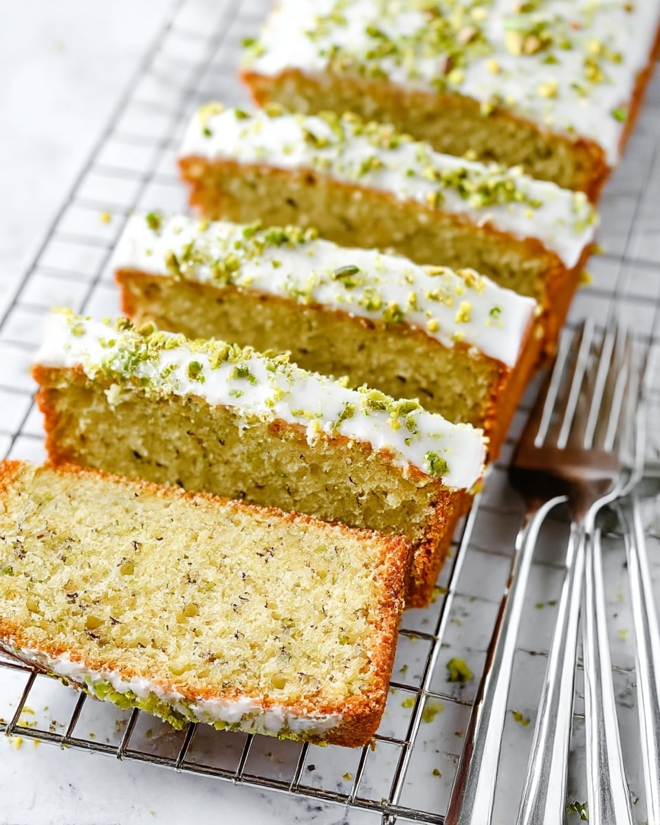 The image shows several slices of moist pistachio cake lined up on a silver cooling rack over a white marbled texture. Each slice has two main layers: a thick, golden-brown cake base with small specks, and a smooth white icing layer on top, sprinkled generously with crushed green pistachios. The cake looks soft and crumbly with a slightly rough texture on the cut sides. Nearby, there are three shiny silver forks placed together to the right side, resting on the same white marbled surface. Photo taken with an iphone --ar 4:5 --v 7