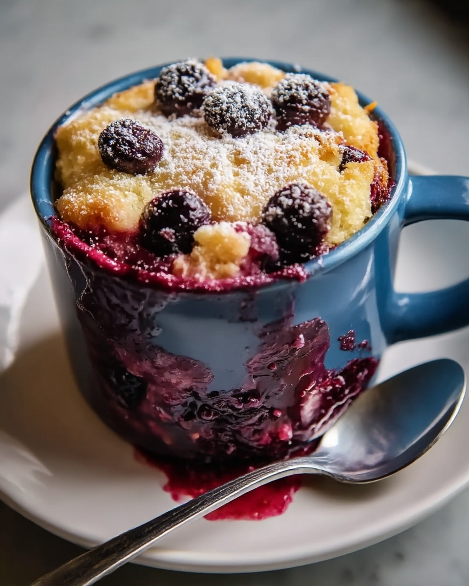 A close-up view of a single-serving berry cobbler baked in a blue mug, placed on a white plate. The dessert shows a golden, crumbly top layer mixed with whole dark purple and black berries, some covered in powdered sugar. Below the crust, there is a rich, juicy berry filling with vibrant purples and reds, slightly oozing out near the edges. A spoon rests next to the mug on the plate, and the entire scene sits on a white marbled surface with soft lighting. photo taken with an iphone --ar 4:5 --v 7