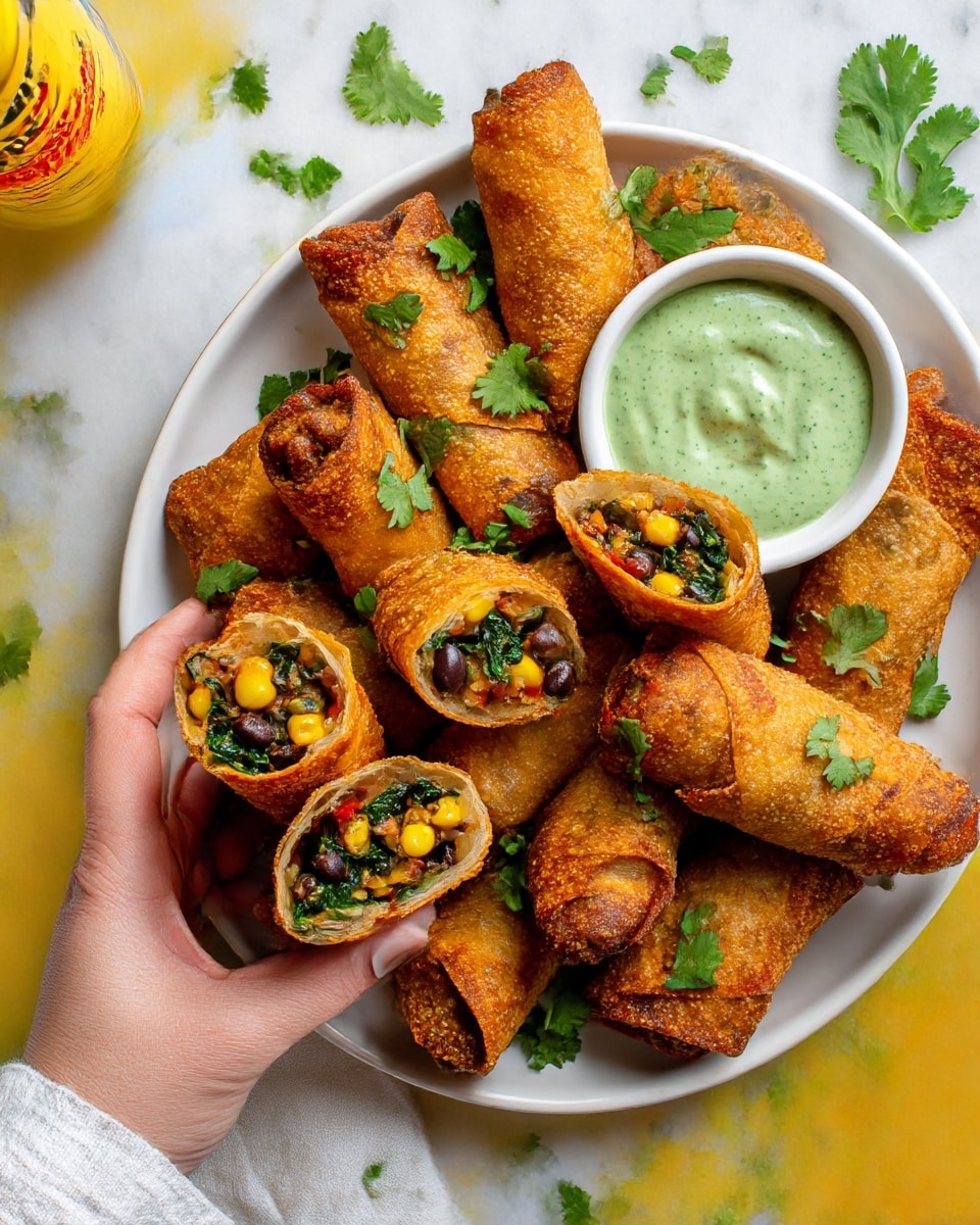 The image shows a white plate filled with crispy golden-brown fried egg rolls, some cut in half to reveal colorful layers inside. The inside layers include dark green spinach, yellow corn kernels, black beans, and small red pepper bits, all wrapped tightly in a thin, crunchy, golden outer shell. Fresh green cilantro leaves are scattered on top and around the egg rolls, adding a touch of freshness. On the side of the plate, there is a small white bowl filled with creamy green sauce garnished with cilantro leaves. The plate sits on a bright white marbled surface with a yellow bottle cap and part of a bottle visible near the top left corner, along with a white cloth in the bottom left. photo taken with an iphone --ar 4:5 --v 7