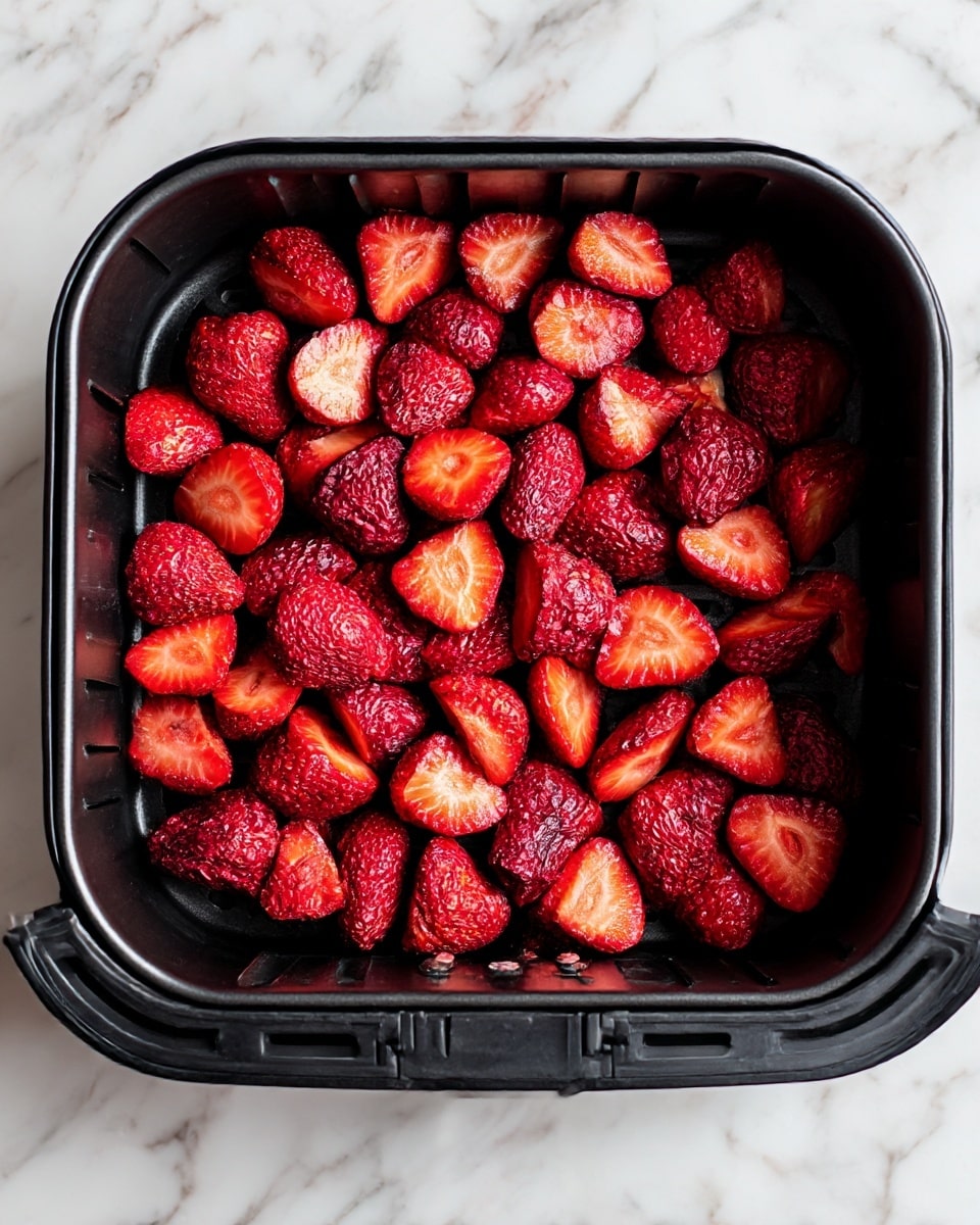 Inside a square black air fryer basket, there is one layer of halved strawberries. The strawberries show a mix of bright red and deeper, slightly shriveled red tones, with their juicy interiors facing up or slightly tilted. The basket sits on a white marbled surface, and the strawberry pieces are arranged evenly but not crowded, showing their soft texture and fresh look. photo taken with an iphone --ar 4:5 --v 7