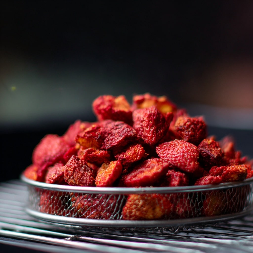 A square black air fryer basket filled with halved strawberries spread evenly across the bottom layer; the strawberries are deep red to bright red with a slightly wrinkled texture, showing moist and juicy interiors on the cut sides. The basket is placed on a surface with a white marbled texture, adding light contrast to the rich red fruit and the dark basket. photo taken with an iphone --ar 4:5 --v 7