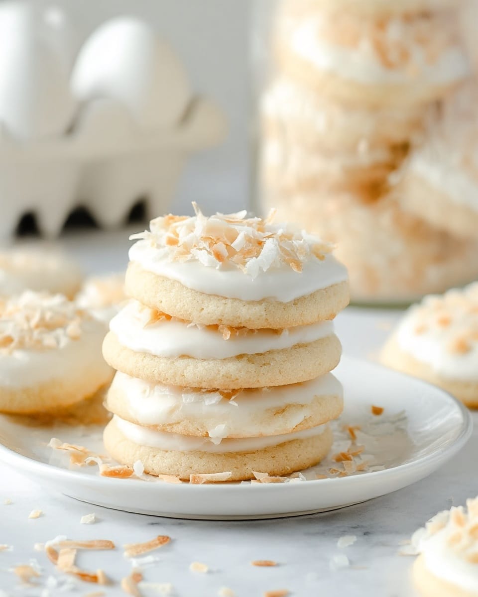 A stack of soft, round cookies sits on a small white plate set on a white marbled surface. Each cookie has two layers: a light beige, slightly textured cookie base, and on top, a smooth white icing layer spread evenly. The icing is generously sprinkled with toasted shredded coconut, which is light golden and white, adding a rough texture on the surface. Scattered toasted coconut flakes are visible around the plate. In the background, there is a blurred white egg carton and a tall glass jar filled with more of the same cookies. Photo taken with an iphone --ar 4:5 --v 7