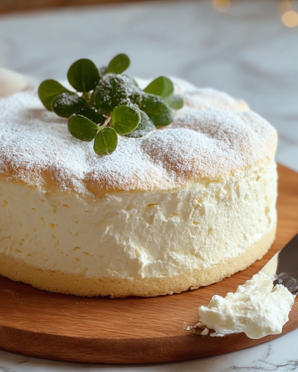 This image shows a soft, fluffy cheesecake with two main layers on a wooden board; the bottom layer is a light beige, crumbly crust, and the top layer is a thick, airy white cream cheesecake with a slightly browned top dusted with powdered sugar. On top, there is a small bunch of fresh green leaves as decoration, and the surface surrounding the cake is a white marbled texture which highlights the cake's light colors. A silver knife with a bit of cream on the tip lies near the cake at the bottom right corner. photo taken with an iphone --ar 4:5 --v 7
