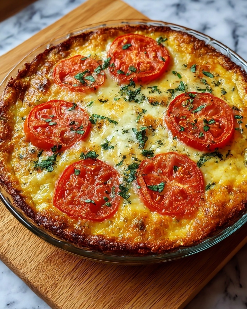The image shows a round baked dish with three main visible layers. The bottom layer is a golden-brown crust with a slightly crispy texture around the edges. The middle layer is a thick, creamy yellow filling mixed with melted cheese, giving it a rich and smooth appearance. On top, there are several bright red tomato slices evenly spaced, partially covered by melted cheese that is golden and slightly browned in some areas. Scattered fresh green herbs are sprinkled over the top, adding a contrast of color. The dish is in a clear glass pie dish placed on a wooden cutting board with a white marbled surface underneath. Photo taken with an iphone --ar 4:5 --v 7