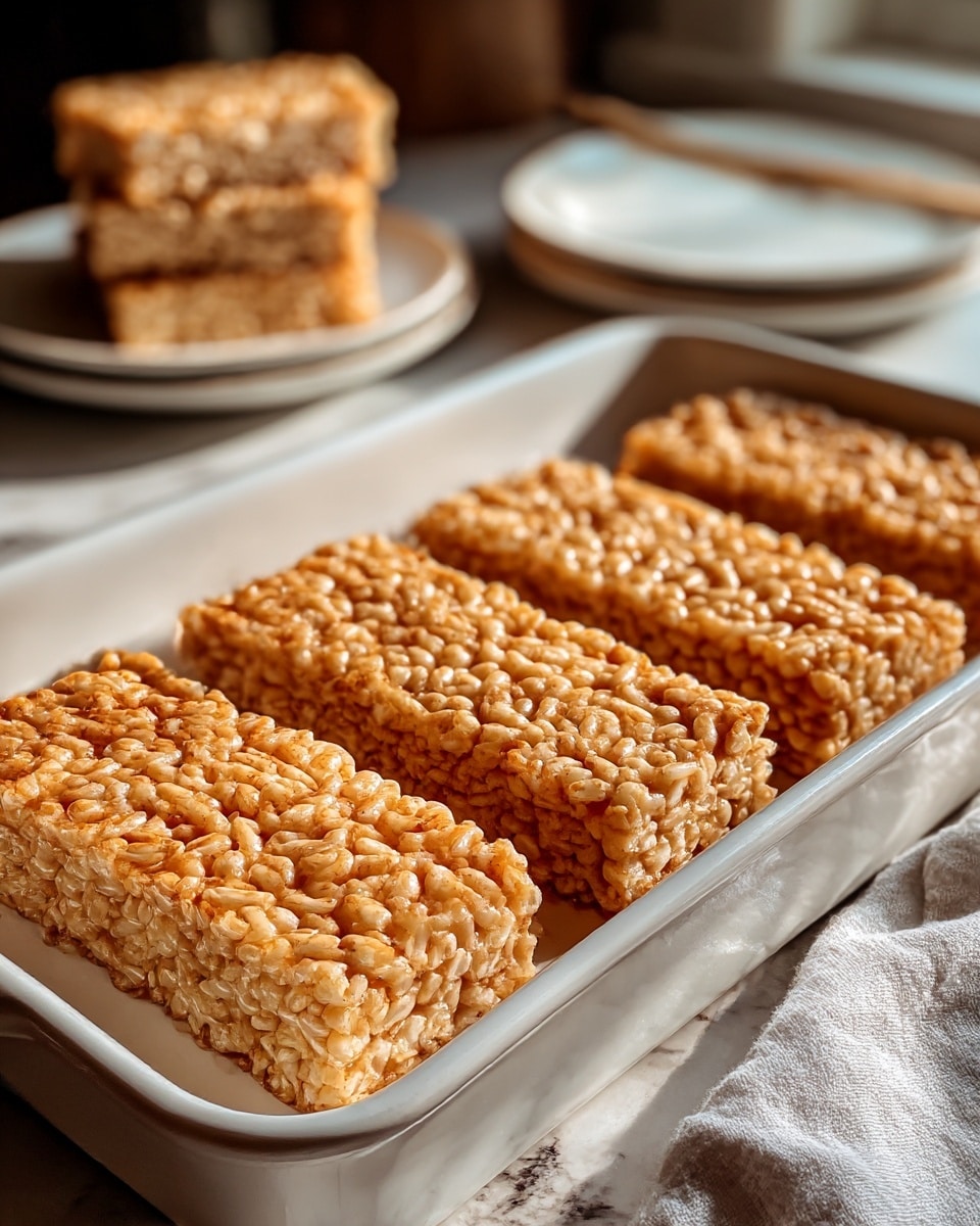 The image shows a white rectangular baking dish filled with four evenly placed rectangular rice crispy treats that have a golden-brown, crunchy top layer. The treats show a slightly glossy texture from the sticky rice and melted marshmallow binding the puffed rice pieces closely together. Each treat has a consistent thickness and a dense, chewy look on the sides with a crisp and caramelized crust on top. The dish is placed on a white marbled textured surface with a white kitchen towel nearby, and in the background, there are blurred white plates stacked with more rice crispy treats. The natural warm lighting highlights the texture and color contrasts of the treats. photo taken with an iphone --ar 4:5 --v 7