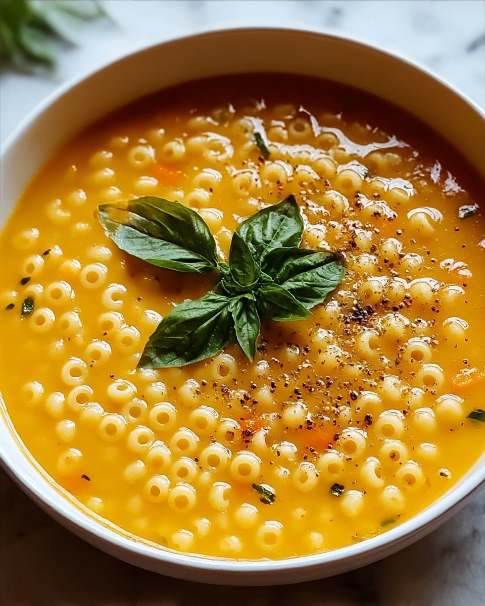 A close-up view of a white bowl filled with yellow-orange soup containing small round pasta pieces, with some small green herb bits and tiny orange vegetable pieces scattered throughout. The soup has a smooth liquid texture with small pasta floating on top, garnished with a small bunch of fresh green basil leaves in the center, and sprinkled with cracked black pepper. The bowl sits on a white marbled surface. Photo taken with an iphone --ar 4:5 --v 7