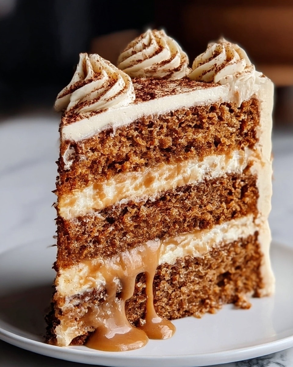 A close-up of a three-layer brown cake slice, each layer soft and moist with a crumbly texture. Between the cake layers is a thick, smooth caramel-colored filling that slightly drips down the sides. The cake is covered with a thick, creamy white frosting that fully coats the top and sides, with two swirls of the frosting on top lightly dusted with cocoa powder. The slice is placed on a white plate, set against a white marbled surface. Photo taken with an iphone --ar 4:5 --v 7