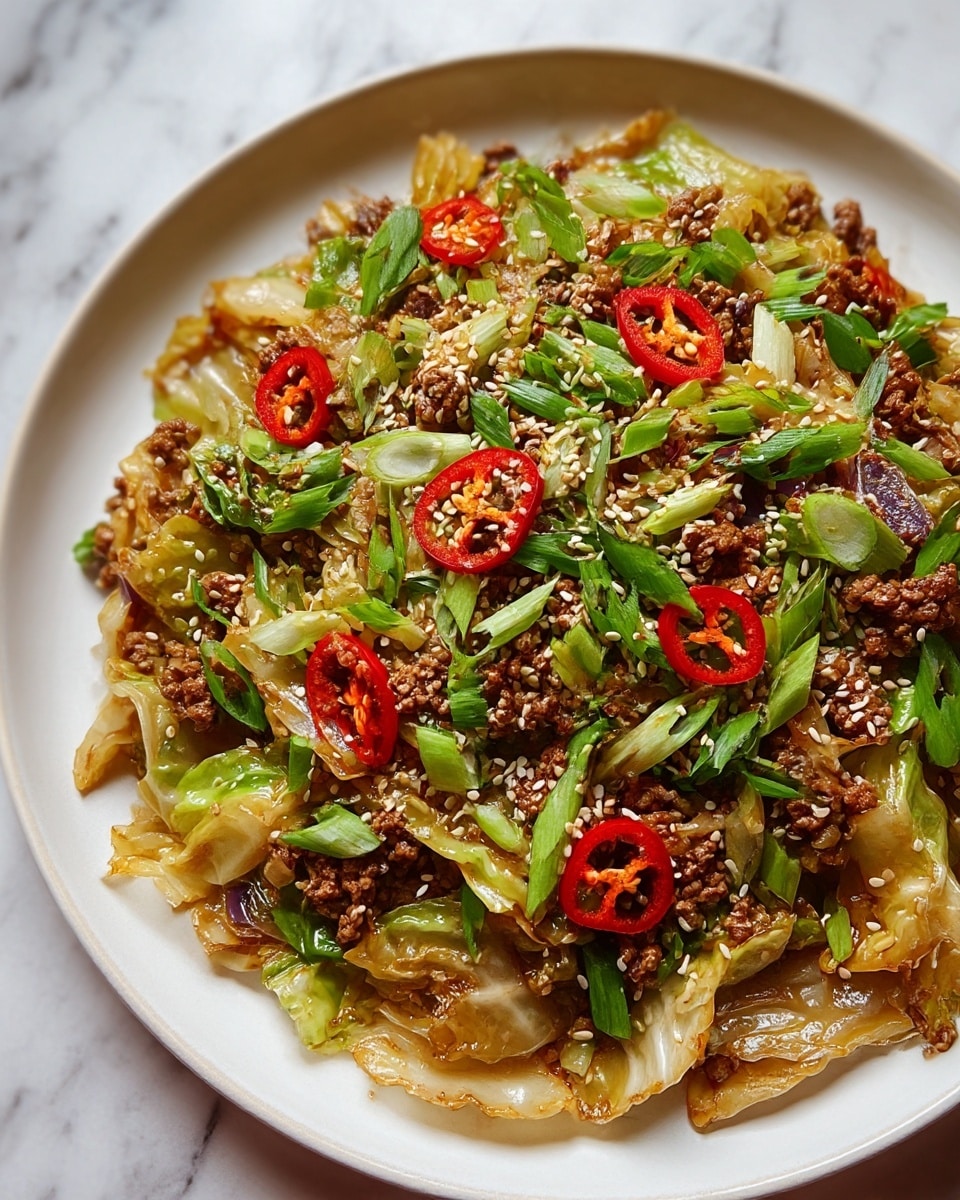 A white plate holds a stir-fry dish with two main layers, the bottom layer showing tender, browned cooked cabbage with some translucent and slightly crispy edges, and the top layer made of finely crumbled browned ground meat scattered evenly. Bright green chopped scallions are spread over the top, with thin slices of vibrant red chili peppers adding pops of color. White sesame seeds are sprinkled lightly across the dish, creating a textured contrast. The plate sits on a white marbled surface, with a warm light highlighting the shiny, cooked textures of the food. photo taken with an iphone --ar 4:5 --v 7