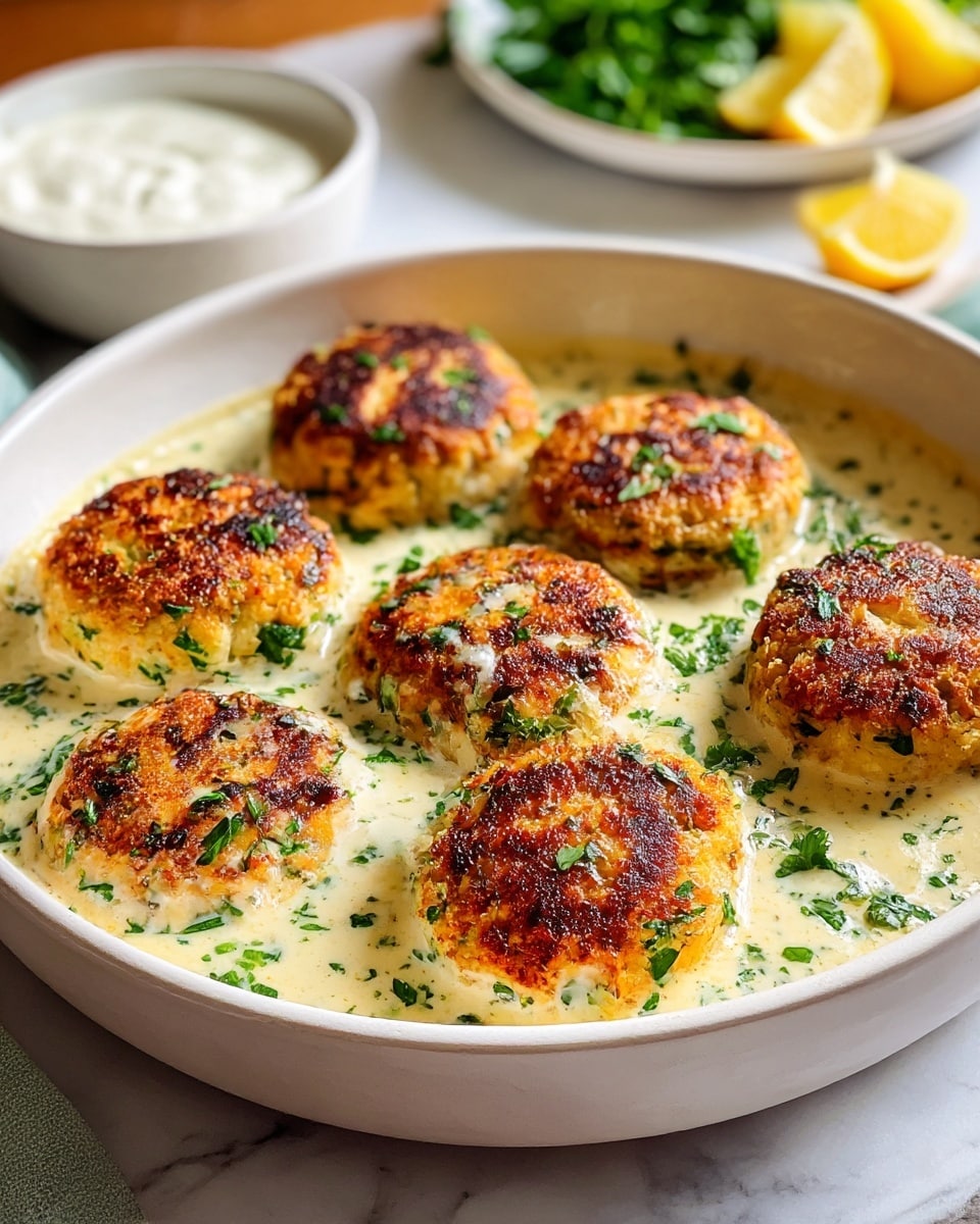 The image shows seven golden-brown patties in a shallow white dish, each patty being round and slightly thick with a crispy, textured top that has darker browned spots. The patties are sitting in a creamy light-colored sauce that covers the bottom of the dish, speckled with chopped green herbs scattered both on the patties and in the sauce. The dish is placed on a white marbled surface, with a white bowl of white sauce and a white plate with green leafy garnish and lemon wedges blurred in the background, creating a fresh and inviting look. photo taken with an iphone --ar 4:5 --v 7