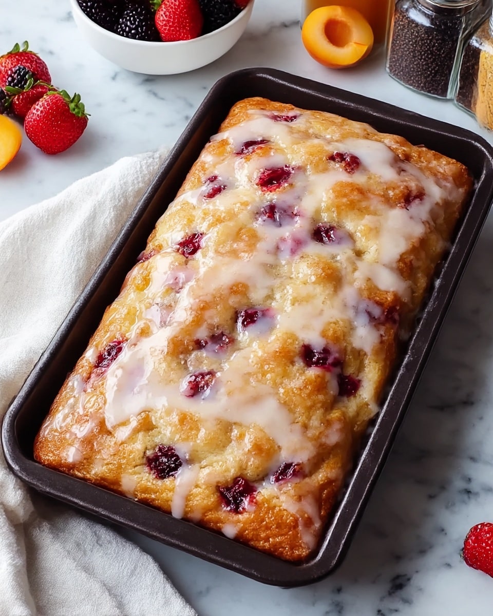 A rectangular glazed berry cake sits in a dark baking pan on a white marbled surface, showing one thick golden brown baked layer with a soft, slightly rough texture. The top is covered unevenly with shiny white glaze that pools in low spots, revealing red berry pieces deeply embedded throughout the surface, mostly in small clusters, adding bright red spots to the golden cake. The edges are slightly crisp and browned, contrasting with the fluffy interior. Around the pan, a white cloth is casually placed, and fresh strawberries in a white bowl, an apricot, blackberries, blueberries, and spice jars rest in the blurred background. photo taken with an iphone --ar 4:5 --v 7