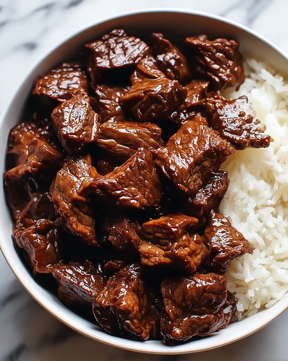 The image shows a bowl filled mostly with dark brown, glossy pieces of cooked beef cut into bite-sized chunks with a slightly shiny texture, indicating they are juicy and tender. These beef pieces cover the front and middle parts of the bowl, while at the back, there is a small portion of white rice, adding contrast with its soft, fluffy grains. The bowl itself is white, and the background is a white marbled texture. photo taken with an iphone --ar 4:5 --v 7