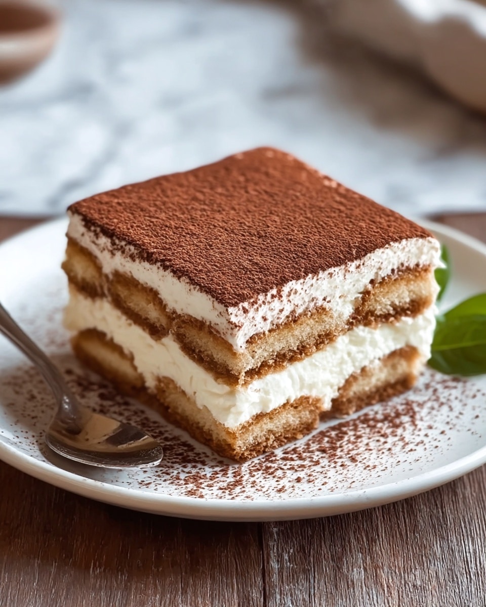 A square piece of tiramisu is placed on a white plate that sits on a wooden surface with a white marbled texture in the background. The dessert has three visible layers: the bottom and middle layers are light brown soaked ladyfinger biscuits, separated by white creamy mascarpone layers that look soft and smooth. The top layer is a thick coat of white cream dusted evenly with a fine layer of dark brown cocoa powder. There is some cocoa powder scattered on the plate around the tiramisu, and a silver spoon rests on the edge of the plate. A small green leaf garnish is tucked beside the tiramisu. Photo taken with an iphone --ar 4:5 --v 7