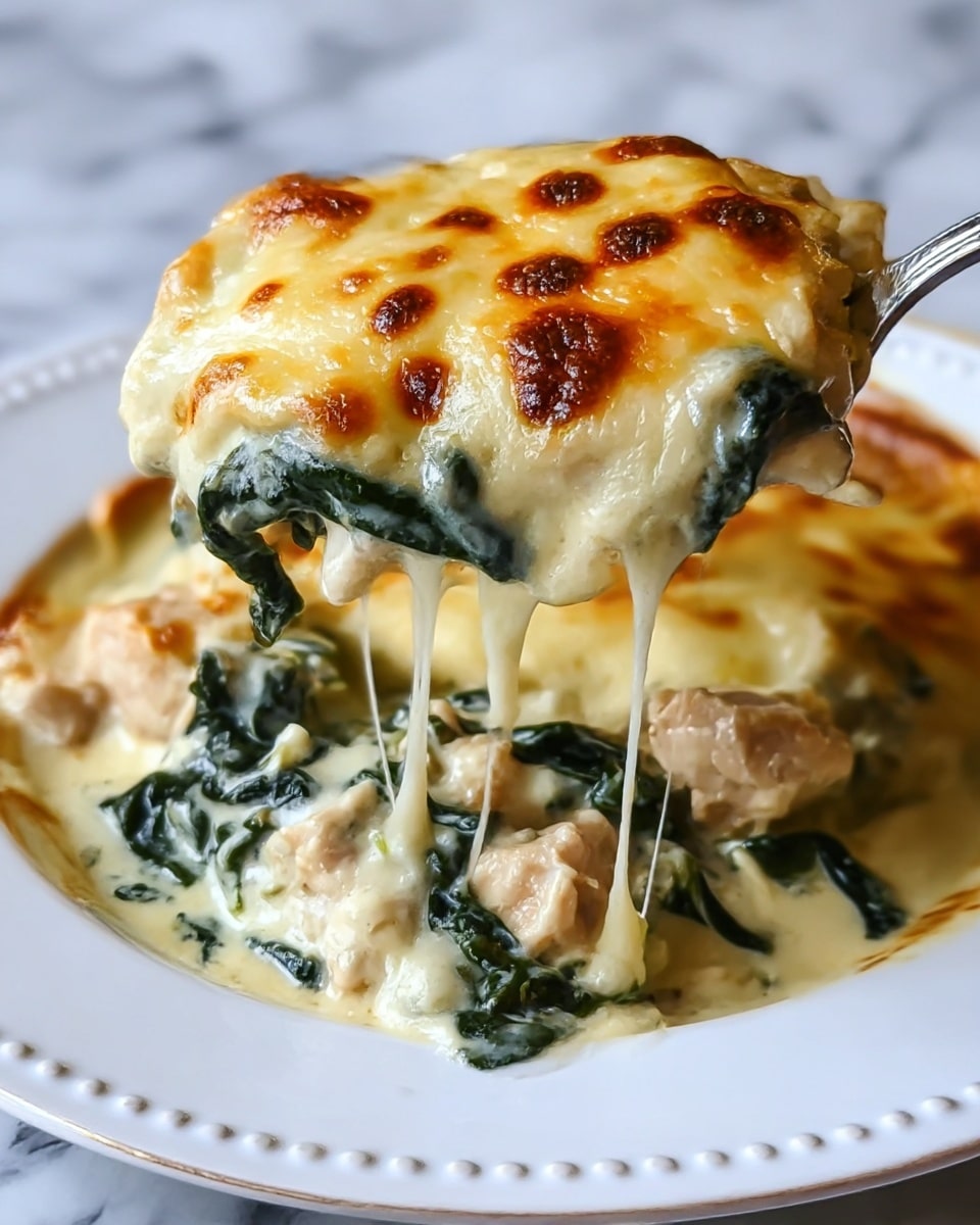 A close-up of a cheesy baked dish served on a white plate with a dotted edge, showing a thick top layer of golden browned melted cheese with small dark brown spots. Beneath the cheese, there is a creamy white sauce mixed with dark green leafy spinach spread throughout. Chunks of light beige chicken are visible inside the dish, blending with the creamy sauce and spinach. A spoon lifts a portion from the plate, pulling melted gooey cheese strands down, emphasizing the creamy, cheesy texture and layers. The plate rests on a white marbled surface. photo taken with an iphone --ar 4:5 --v 7