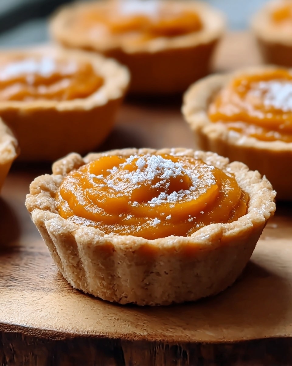 A close-up photo of several mini pies placed on a wooden surface, each with a crumbly, light brown crust forming the base and sides. Inside each pie is a smooth, thick layer of deep orange filling, swirled on top with a soft, slightly textured surface. The center pie is highlighted with a small sprinkling of white powdered sugar on its filling. The background is softly blurred, focusing attention on the front pie’s delicate details. photo taken with an iphone --ar 4:5 --v 7