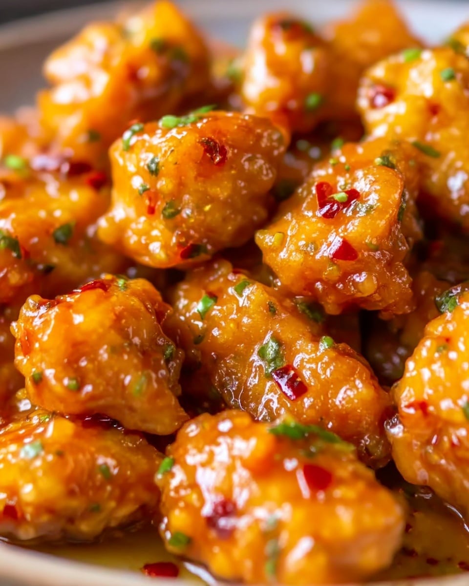 The image shows a close-up of golden-brown fried pieces coated in a shiny, thick, orange glaze with small red chili flakes and tiny green herb bits sprinkled on top. The pieces are chunky with a crisp texture and some glistening sauce pooling in the crevices. The overall color palette is warm with bright greens and reds adding contrast to the main orange and brown tones. The background has a soft, blurred effect, making the fried pieces appear very detailed and inviting. Photo taken with an iphone --ar 4:5 --v 7