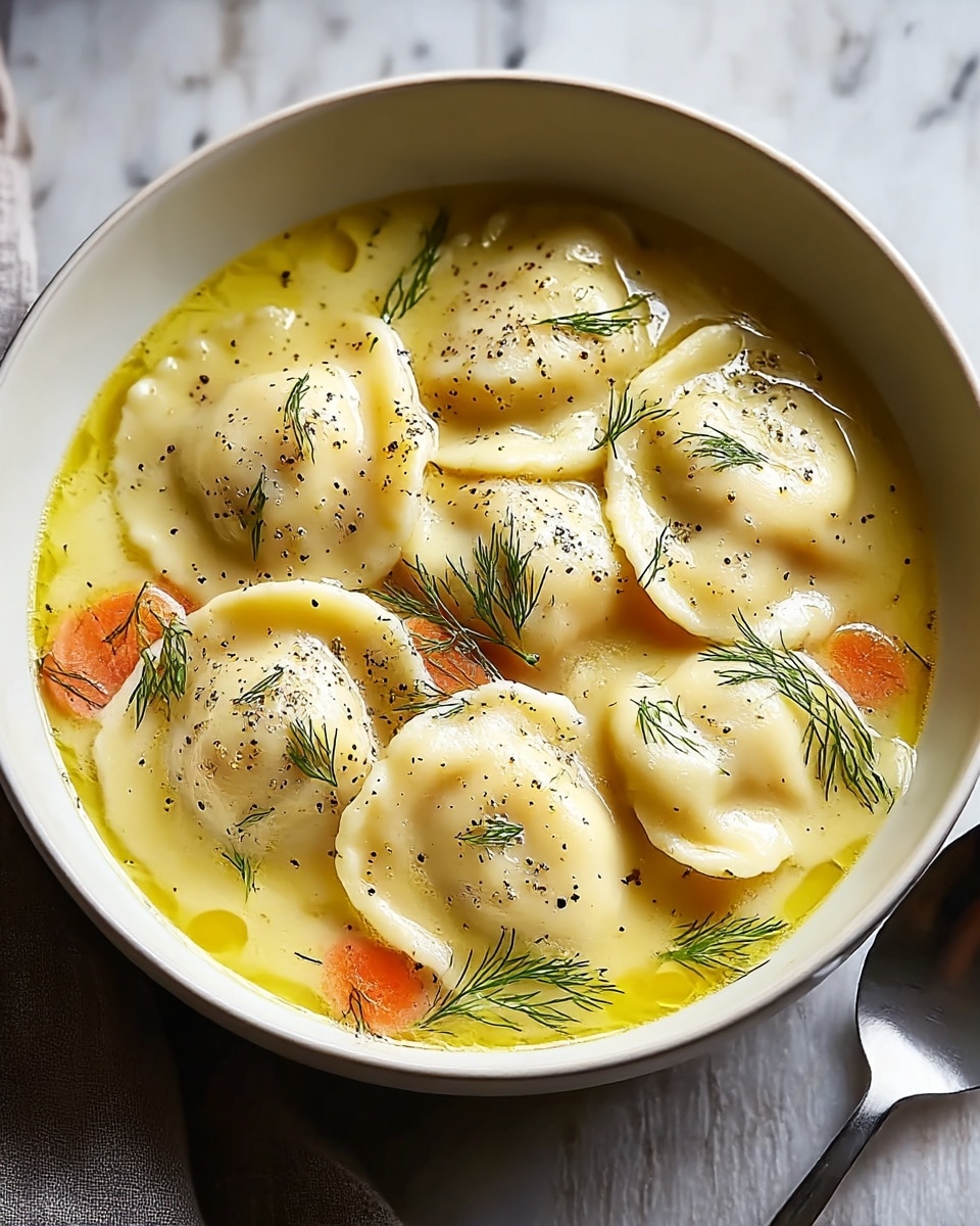 A white bowl filled with six large, soft, pillowy ravioli pieces floating in a creamy yellow broth with visible swirls of oil. The ravioli have a smooth, pale dough surface, sprinkled with cracked black pepper and small sprigs of green dill. Beneath the ravioli, soft orange carrot slices add subtle color contrast. The bowl is placed on a white marbled textured surface with a spoon resting beside it. photo taken with an iphone --ar 4:5 --v 7