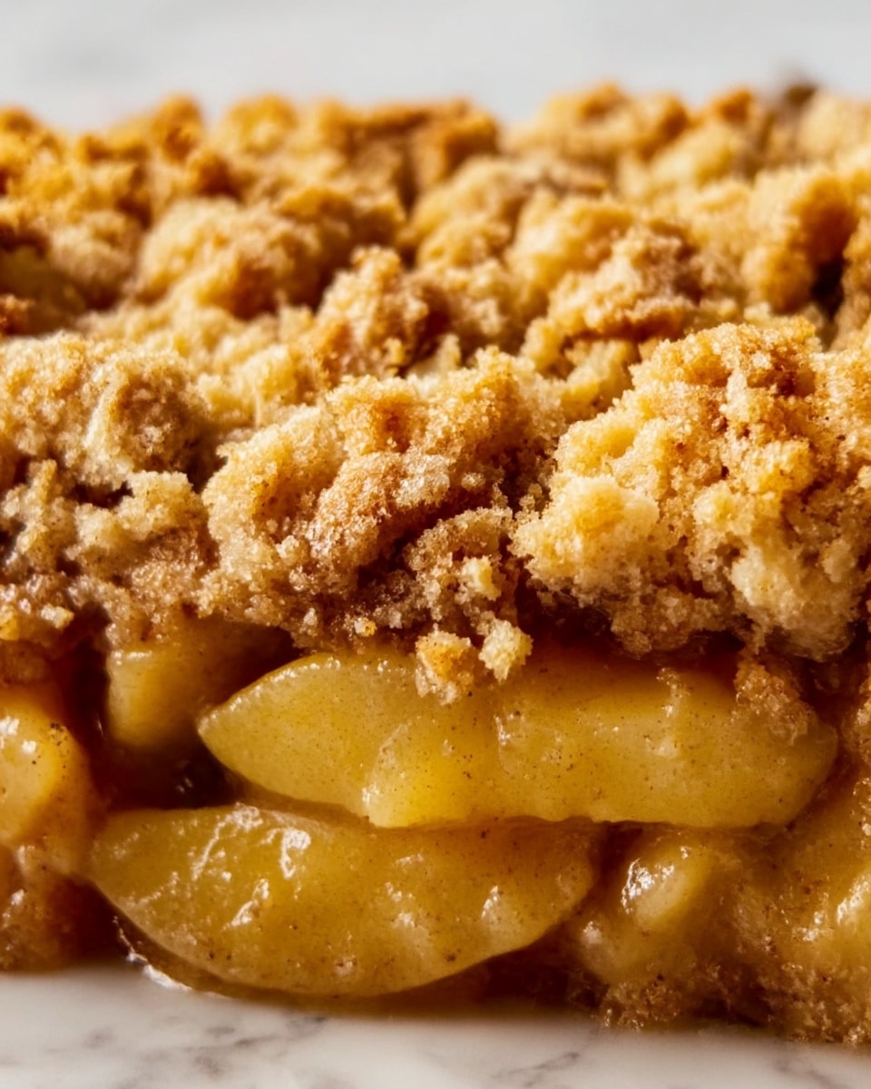 The image shows a close-up of a crumb-topped dessert with two main layers. The bottom layer consists of soft, sliced apples in a shiny, syrupy glaze, showing a golden yellow and light brown color. The top layer is a thick, golden-brown crumb topping made of small, coarse pieces with a crispy texture. The dessert fills the frame, highlighting the contrast between the smooth apple filling and the crunchy crumb covering. The background is a white marbled texture. photo taken with an iphone --ar 4:5 --v 7