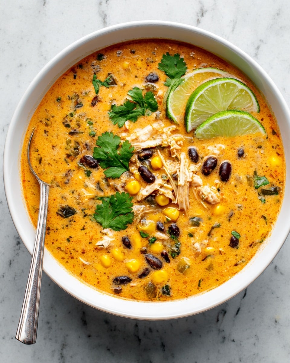 A white bowl filled with a thick orange creamy soup containing visible chunks of shredded chicken, black beans, corn, and green peppers spread evenly throughout. On top, there are two lime wedges placed near fresh green cilantro leaves that add a bright contrast. A spoon rests inside the bowl on the left side. The bowl is set on a white marbled surface. Photo taken with an iphone --ar 4:5 --v 7