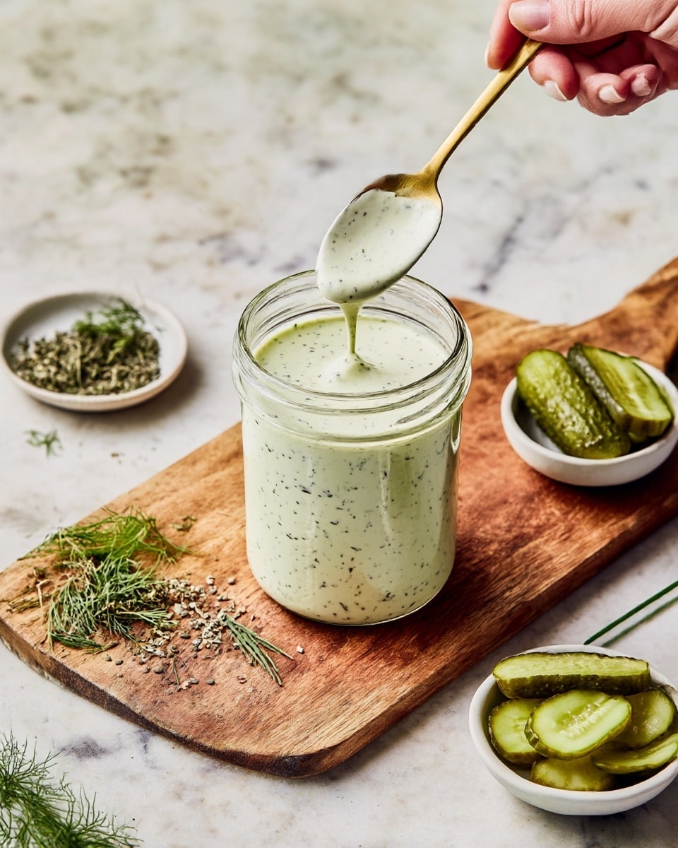 A clear glass jar filled with creamy, light green sauce is centered on a wooden cutting board with a white marbled texture surface underneath. The sauce is speckled with small dark green herbs throughout, and a gold spoon held by a woman's hand lifts some sauce from the jar, showing its thick and smooth texture. To the left on the board, there is a small white bowl with dried green herbs and fresh green dill and chives nearby. On the right side, there is another small white bowl holding sliced pickles, with a few slices also placed directly on the board. Photo taken with an iphone --ar 4:5 --v 7