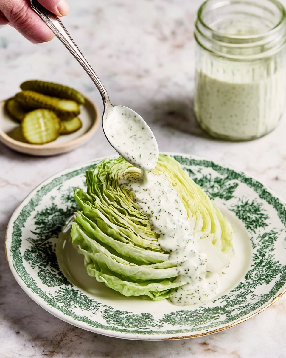 A quarter wedge of bright green iceberg lettuce with visible layered leaves sits in the center of a white plate decorated with intricate dark green floral patterns around the edges, and creamy white ranch dressing flecked with black herbs is being poured generously over the top layer by a metal spoon held by a woman's hand from above; in the background, thin crinkle-cut pickle slices peek out from a small round dish, and a glass jar filled with more creamy dressing is placed on a white marbled surface. photo taken with an iphone --ar 4:5 --v 7