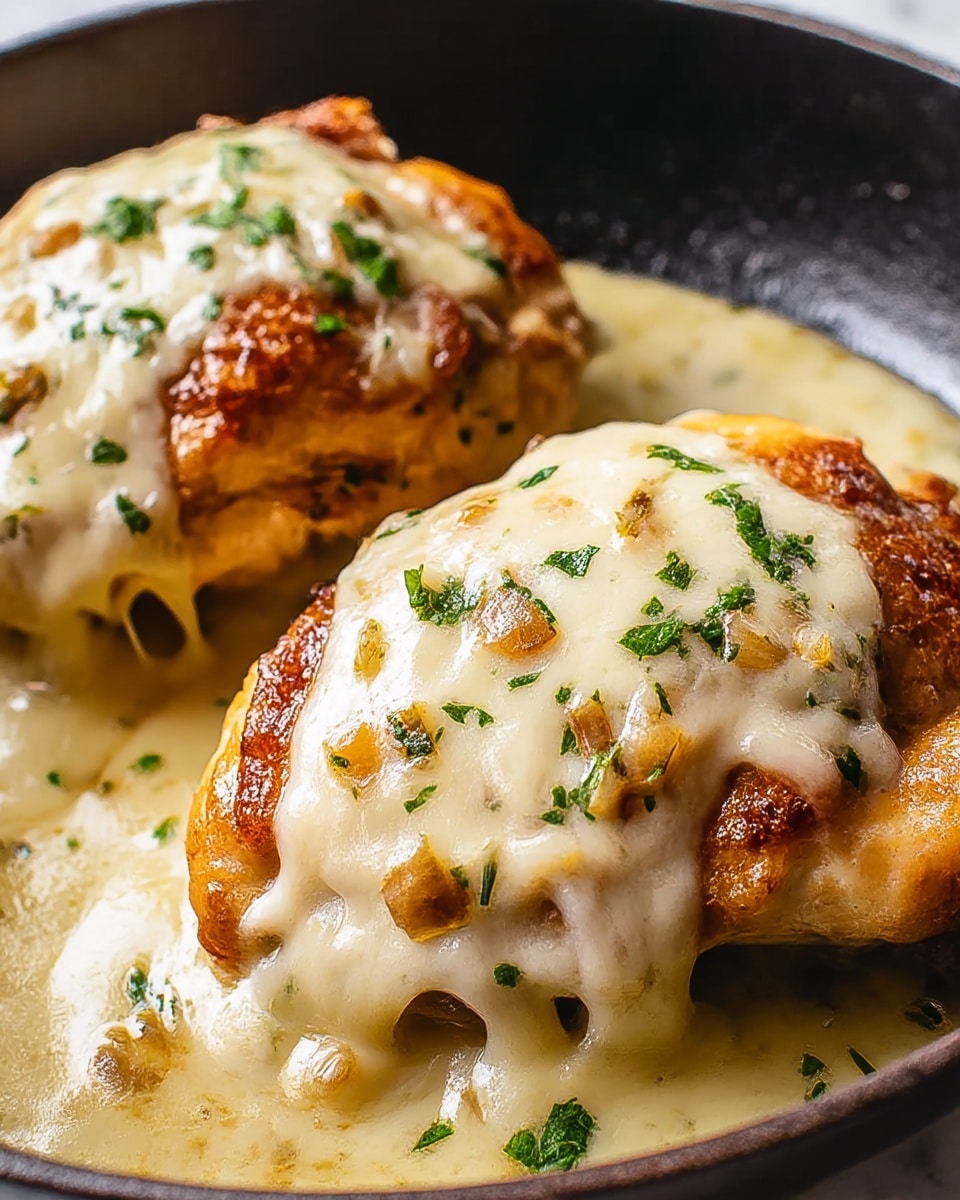 Two pieces of browned chicken thighs sit in a black pan on a white marbled texture background. Each chicken piece is covered with a thick layer of melted creamy white cheese that flows slightly down the sides, with small browned bits and light green parsley flakes sprinkled on top. The chicken skin underneath is golden and crispy, with some glistening juices pooling around the base. The overall look is warm, gooey, and rich, showing the cheese stretching gently as it melts. Photo taken with an iphone --ar 4:5 --v 7
