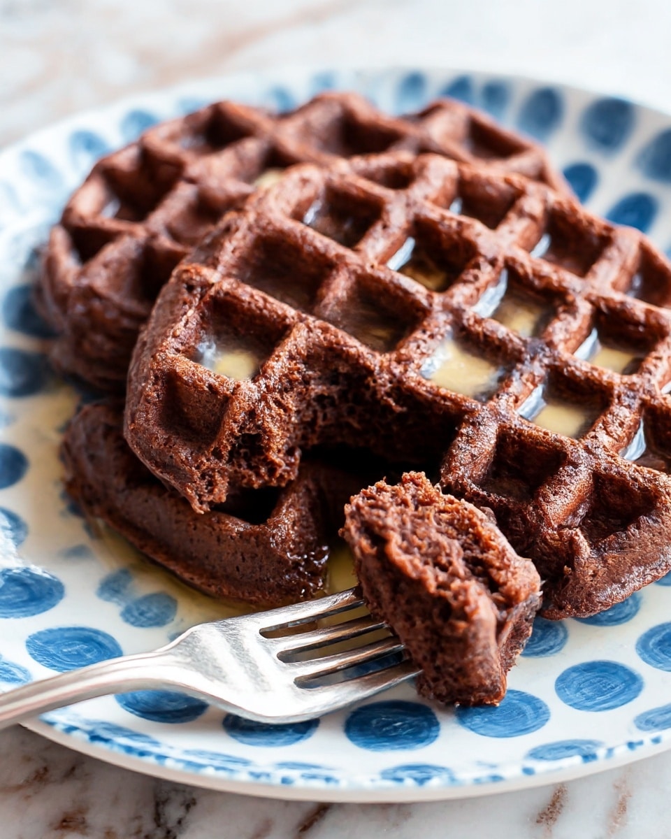 Two thick chocolate waffles with a rich dark brown color and a slightly crispy texture are placed on a white plate with blue circular patterns. The waffles have melted butter shining in their square pockets, adding a glossy contrast. One waffle has a bite taken out of it, and a silver fork holds a piece that is dark brown and moist inside, showing the fluffy texture. The background is a white marbled texture. photo taken with an iphone --ar 4:5 --v 7