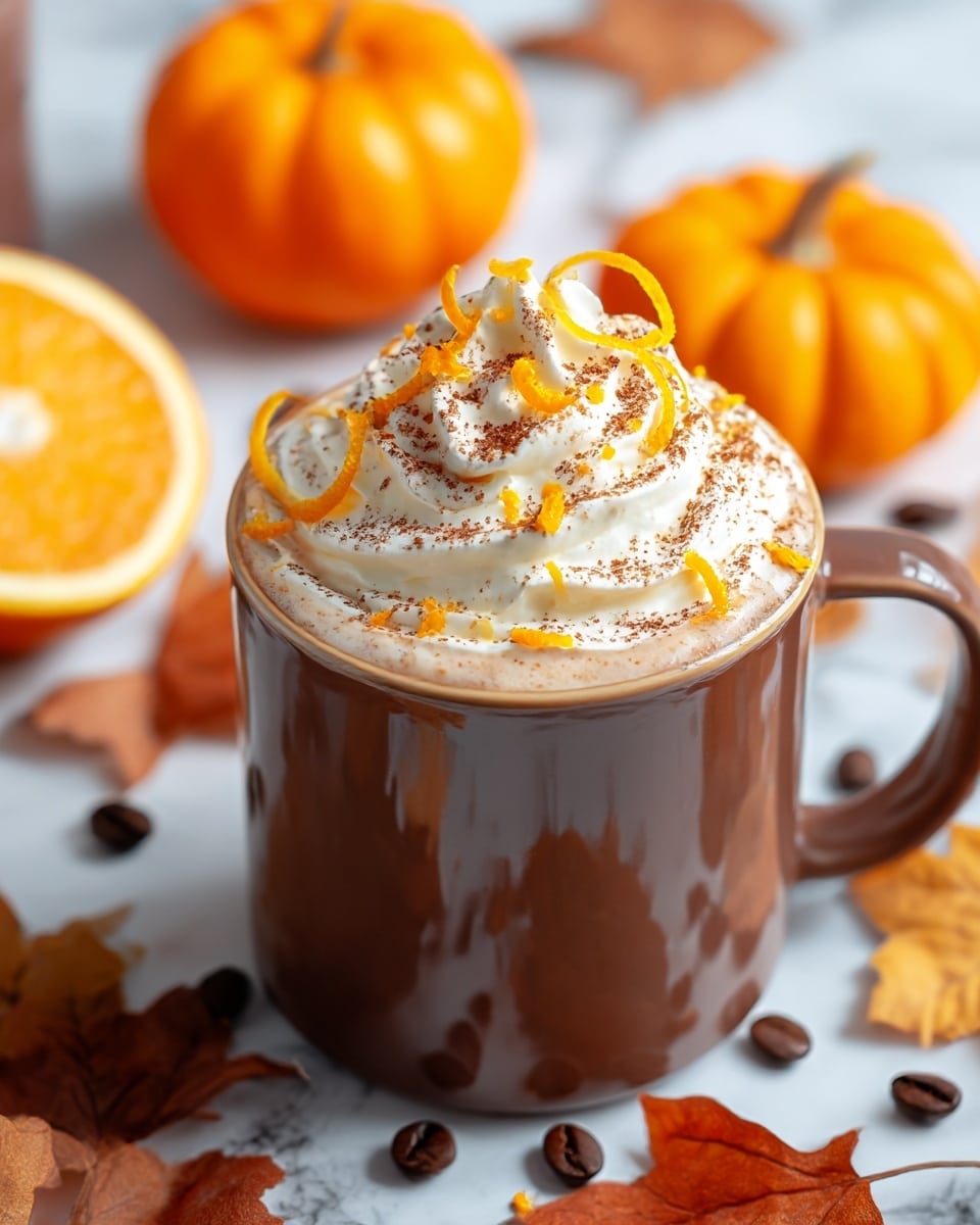 A close-up of a brown mug filled with a creamy light brown drink topped with a thick swirl of white whipped cream, sprinkled with fine brown powder and bright orange zest curls on top, all sitting on a white marbled surface scattered with dry autumn leaves in shades of brown and orange, and coffee beans. In the background, there is a halved orange and small orange pumpkins blurred out, adding to the cozy fall feel. photo taken with an iphone --ar 4:5 --v 7
