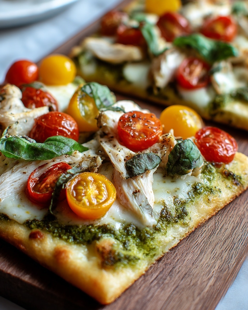 A rectangular slice of flatbread pizza on a wooden board, the base is golden and slightly crispy. The first layer is spread with bright green pesto sauce, topped with melted creamy white cheese that covers most of the bread evenly. On top of the cheese, slices of grilled chicken with a light brown sear are scattered, along with whole and halved bright red and yellow cherry tomatoes. Fresh dark green basil leaves are also spread over the pizza, adding contrast and freshness. The overall look is vibrant with a mix of creamy, grilled, and fresh textures. Photo taken with an iphone --ar 4:5 --v 7