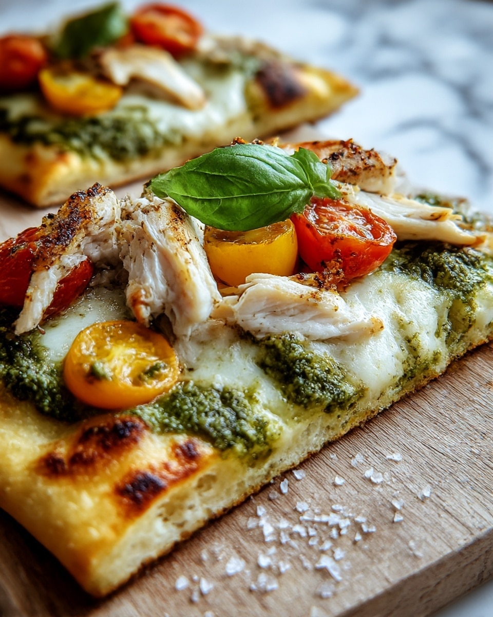 The image shows a close-up of a flatbread slice with three visible layers: the bottom golden-brown flatbread crust with slight charred edges, a middle layer of melted white cheese that appears creamy and gooey, and a top layer with green pesto sauce spread unevenly, grilled chicken slices with a slightly charred texture, and small yellow and red roasted tomato halves. There is also a fresh green basil leaf placed on top near the grilled chicken, adding a pop of vibrant color. The flatbread rests on a wooden board with visible salt grains on it, and the background has a white marbled texture. Photo taken with an iphone --ar 4:5 --v 7